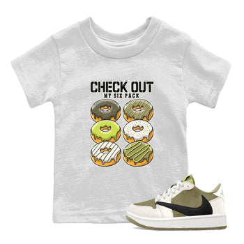 Jordan 1 Low X Travis Scott Golf Olive shirt to match jordans Check Out My Six Pack sneaker release tees Air Jordan 1 Travis Scott Golf Olive SNRT Sneaker Tees Baby Toddler White 1 T-Shirt