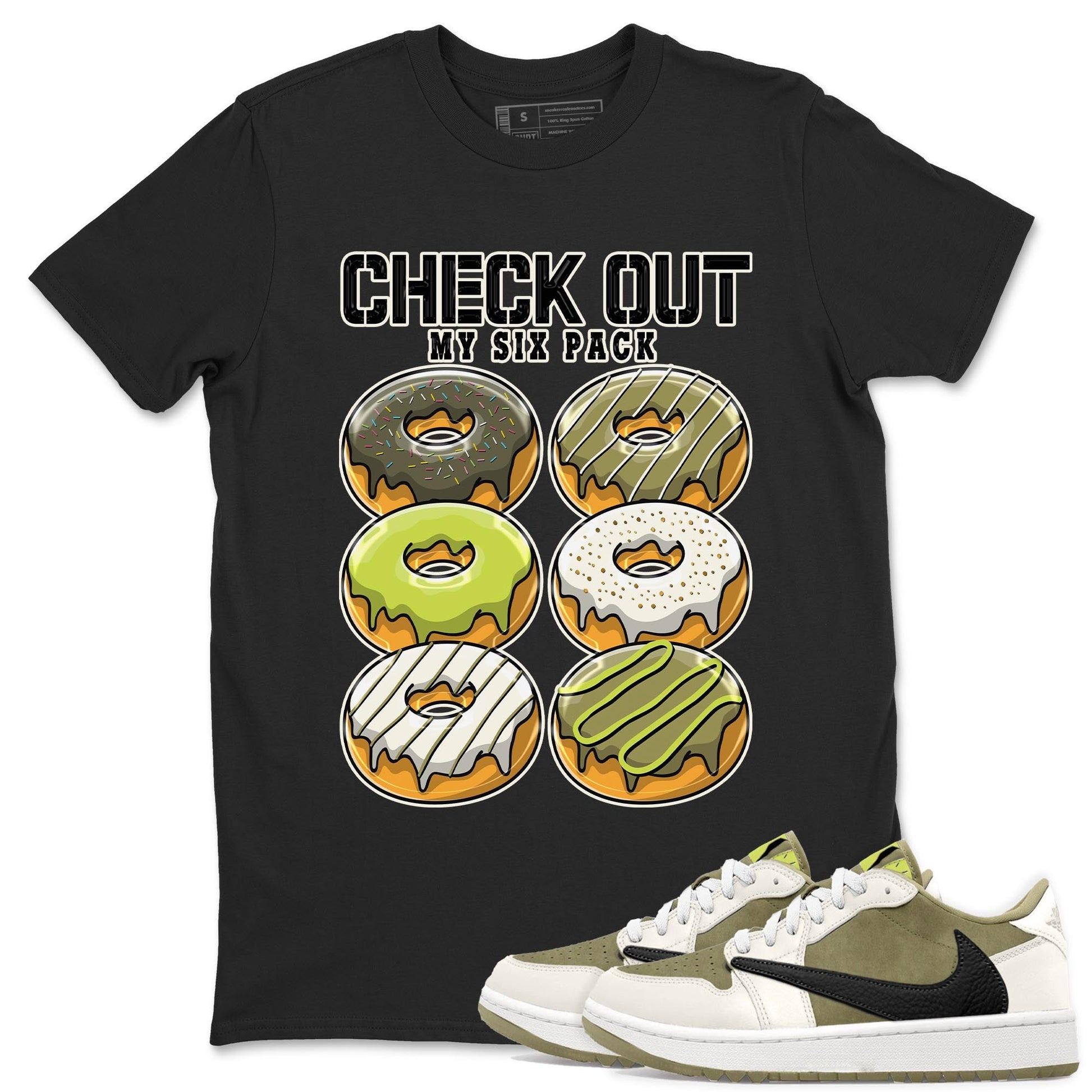 Check Out My Six Pack SNRT Sneaker Tee - Air Jordan 1 Travis Scott Golf  Olive | SNRT Sneaker T-shirts