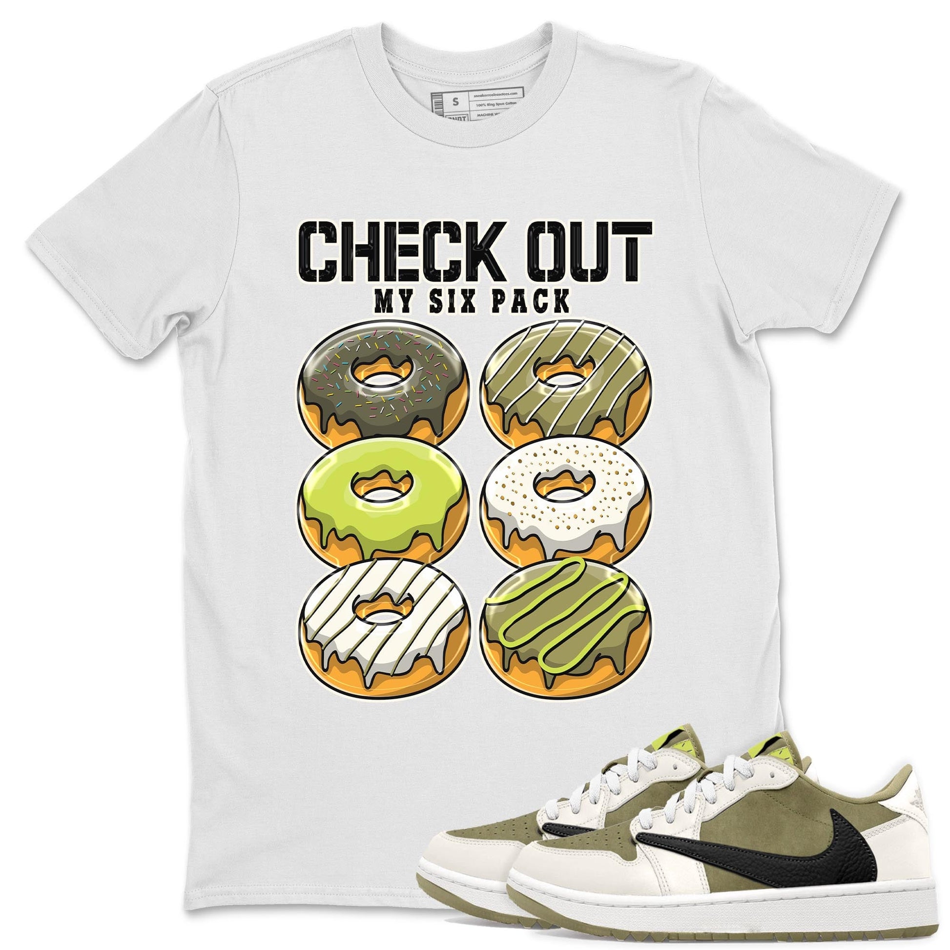 Jordan 1 Low X Travis Scott Golf Olive shirt to match jordans Check Out My Six Pack sneaker release tees Air Jordan 1 Travis Scott Golf Olive SNRT Sneaker Tees Unisex Streetwear Clothing White 1 T-Shirt