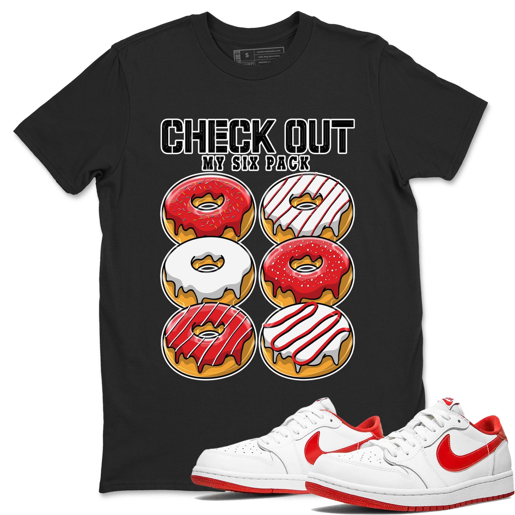 1s Low University Red shirt to match jordans Check Out My Six Pack sneaker tees Air Jordan 1 University Red SNRT Sneaker Tees Sneaker Matching Clothing Brand Unisex Sneaker Tee Black 1 T-Shirt
