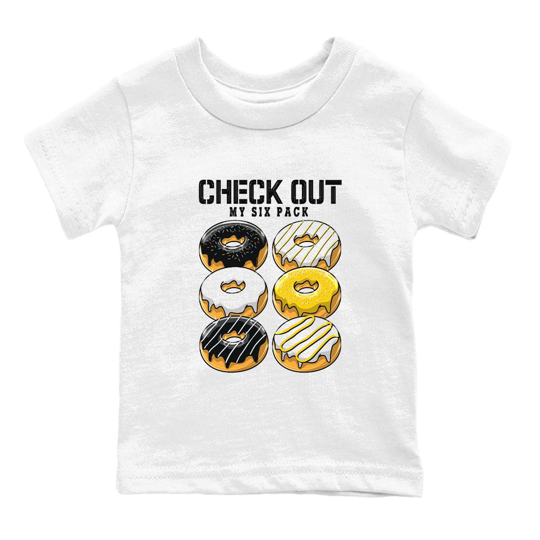 1s Yellow Ochre shirt to match jordans Check Out My Six Pack sneaker tees Air Jordan 1 High OG Yellow Ochre SNRT sneaker release tees baby toddler White 2 cotton Shirt
