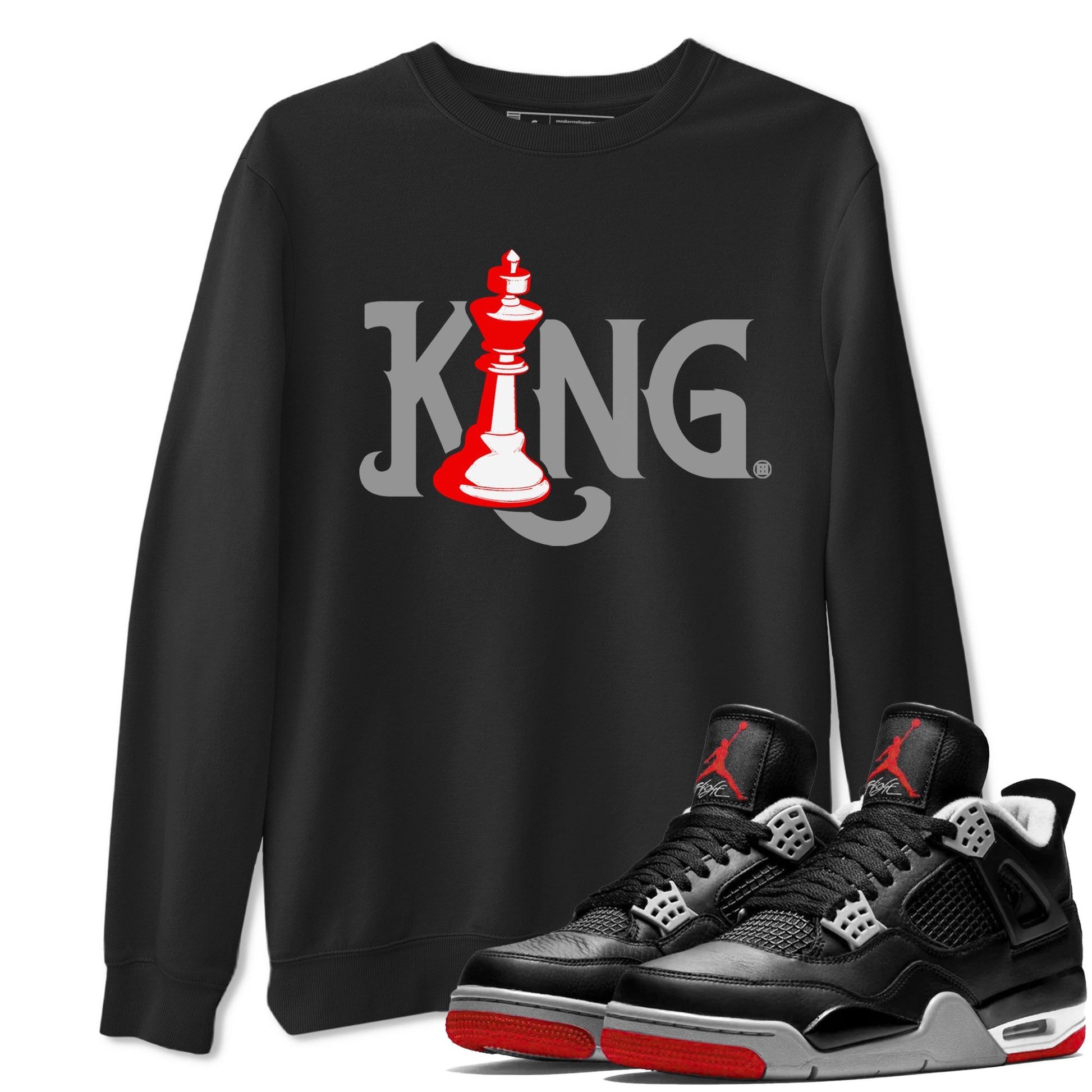 Air Jordan 4 Bred Reimagined shirt to match jordans Chess King sneaker shirts AJ4 Bred Reimagined SNRT Sneaker Tees unisex crew neck cotton Black 1 crew neck shirt
