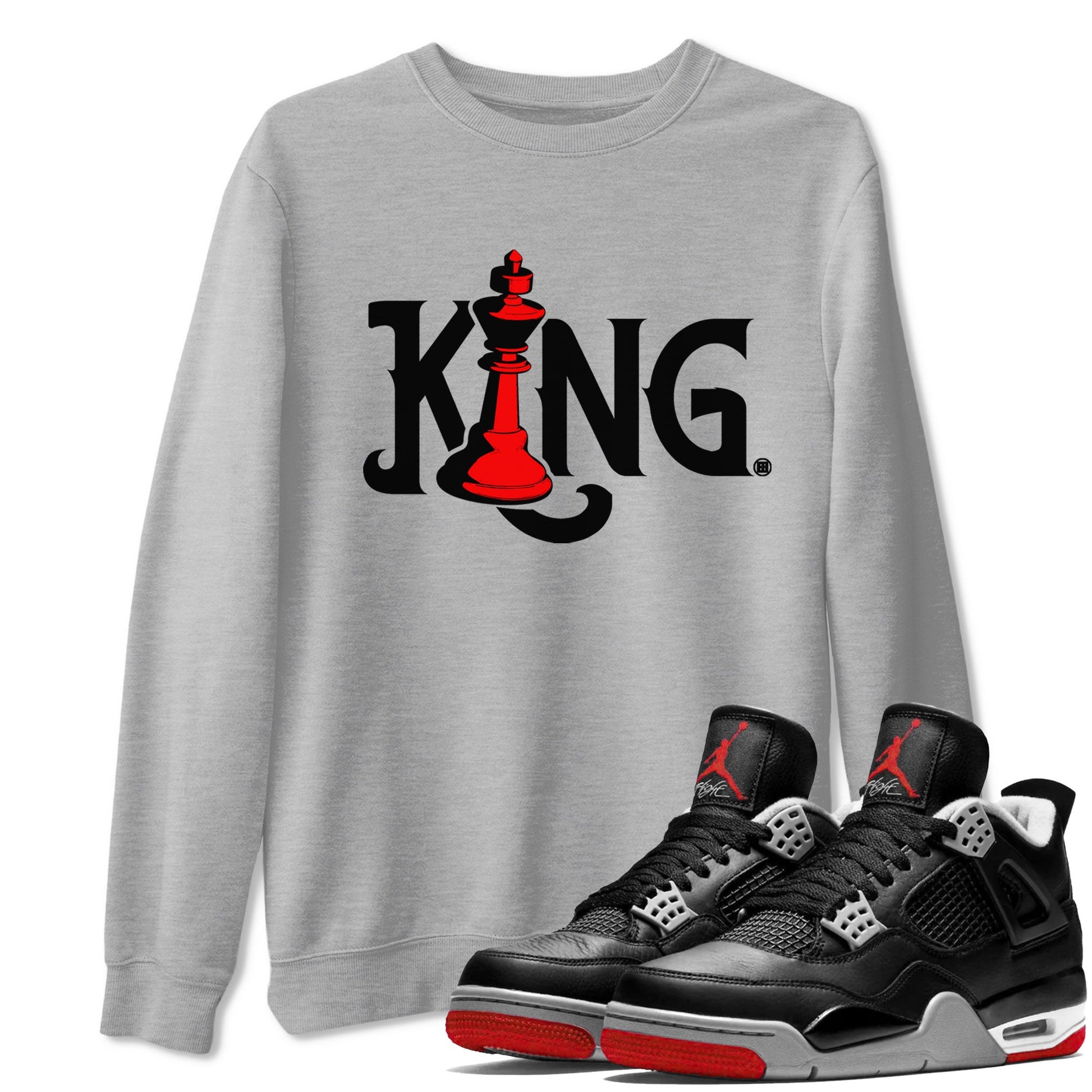Air Jordan 4 Bred Reimagined shirt to match jordans Chess King sneaker shirts AJ4 Bred Reimagined SNRT Sneaker Tees unisex crew neck cotton Heather Grey 1 crew neck shirt