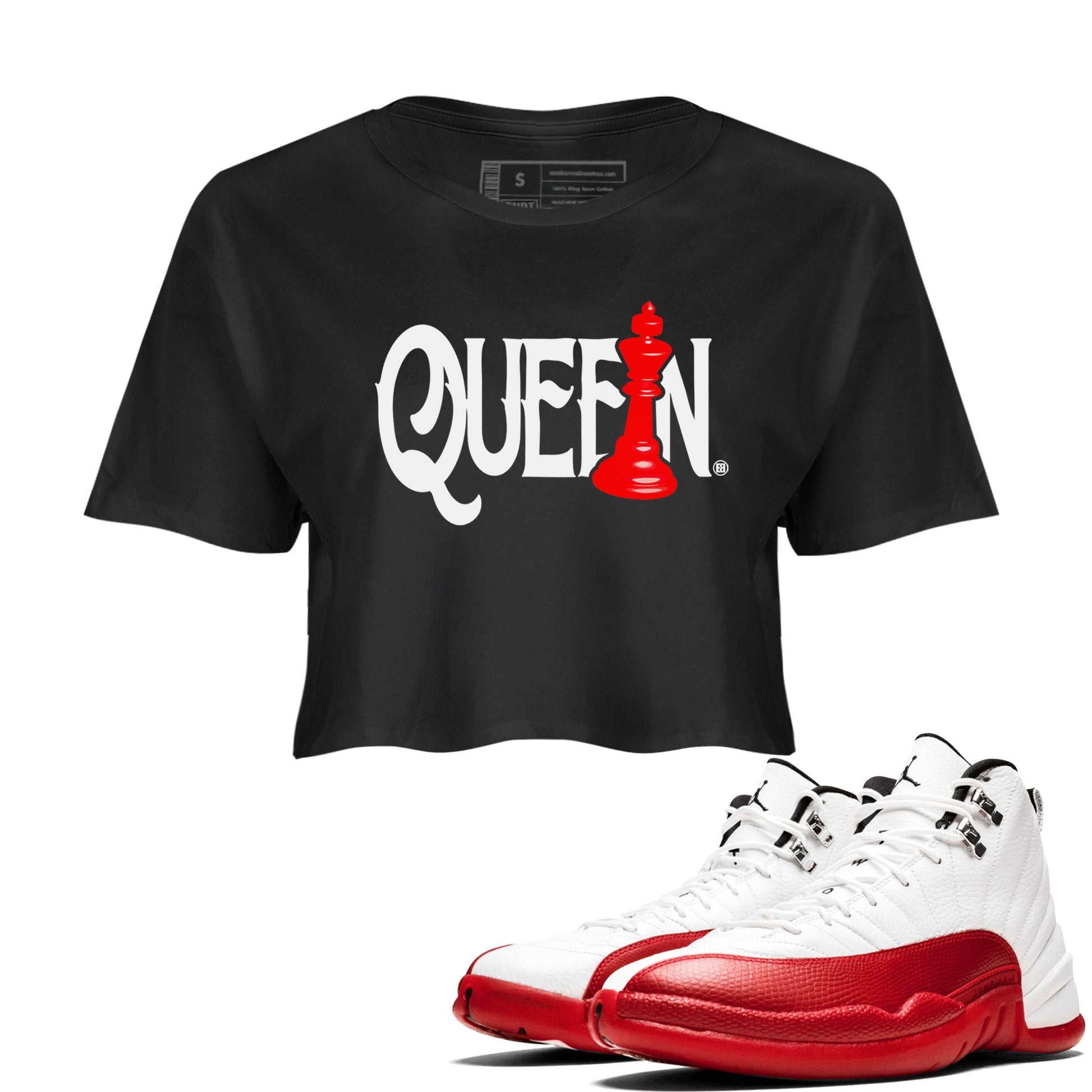 12s Cherry shirt to match jordans Chess Queen sneaker tees AJ12 Retro Cherry SNRT sneaker Release Tees Black 1 crop length shirt