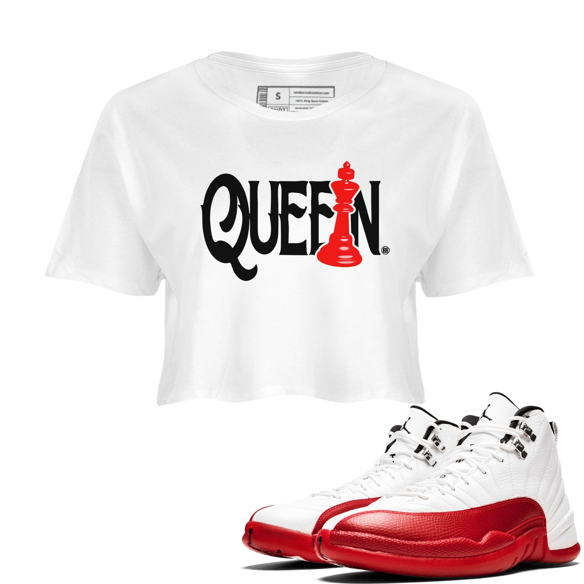 12s Cherry shirt to match jordans Chess Queen sneaker tees AJ12 Retro Cherry SNRT sneaker Release Tees White 1 crop length shirt