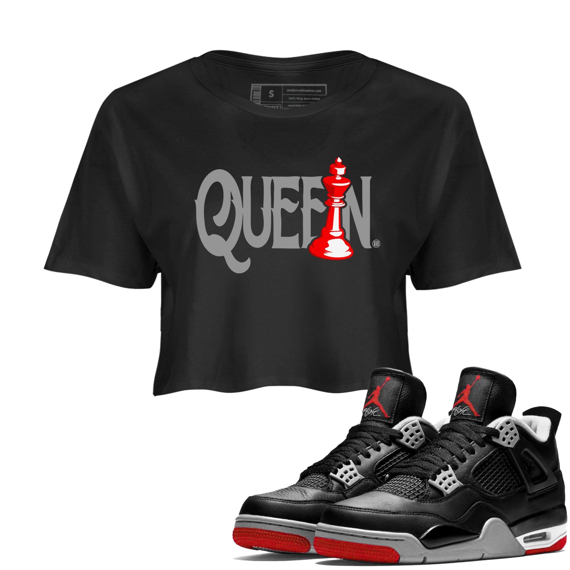 Air Jordan 4 Bred Reimagined shirt to match jordans Chess Queen sneaker shirts AJ4 Bred Reimagined SNRT Sneaker Tees Black 1 crop shirt