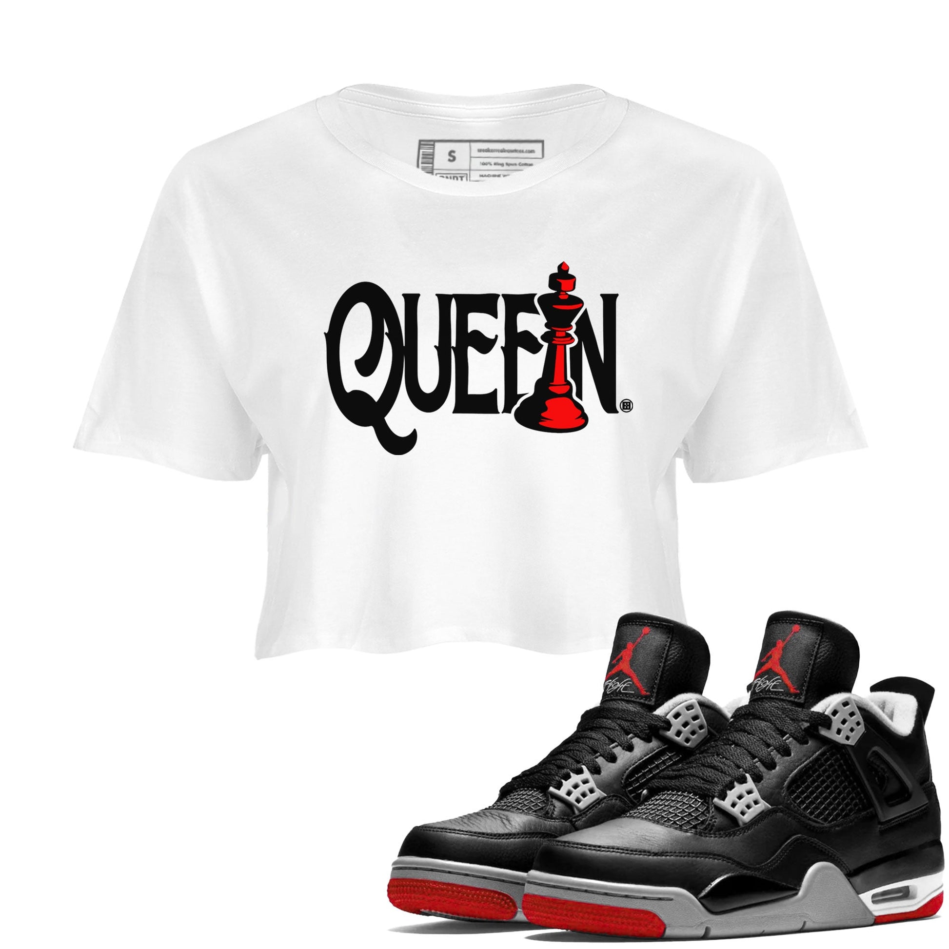 Air Jordan 4 Bred Reimagined shirt to match jordans Chess Queen sneaker shirts AJ4 Bred Reimagined SNRT Sneaker Tees White 1 crop shirt