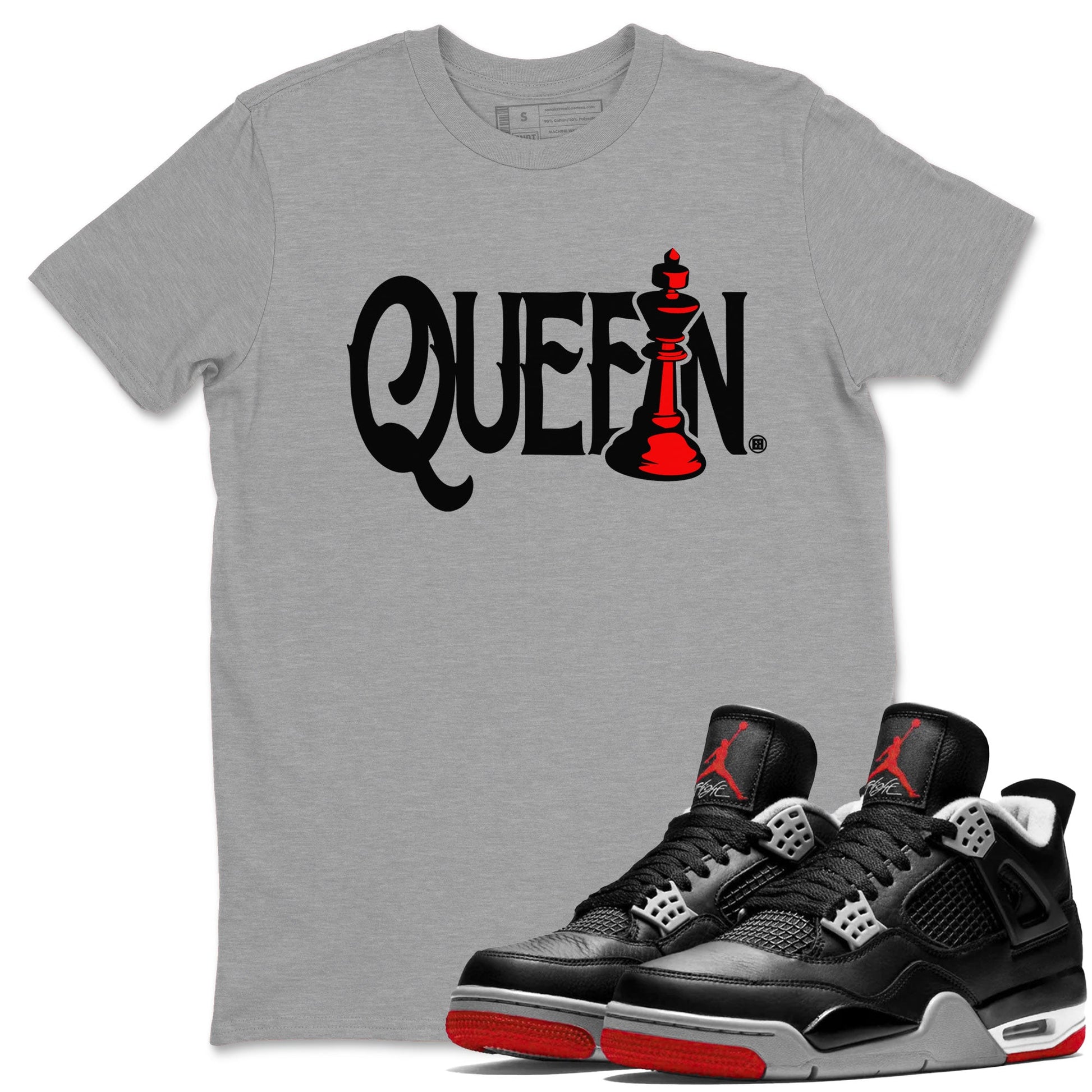 Air Jordan 4 Bred Reimagined shirt to match jordans Chess Queen sneaker shirts AJ4 Bred Reimagined SNRT Sneaker Tees unisex crew neck cotton Heather Grey 1 crew neck shirt