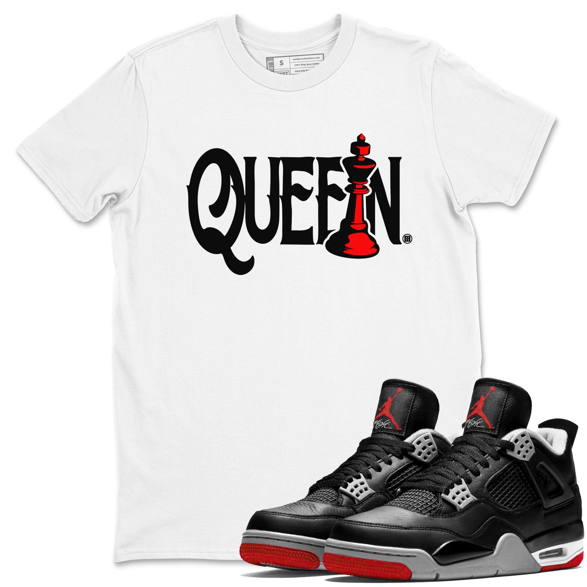Air Jordan 4 Bred Reimagined shirt to match jordans Chess Queen sneaker shirts AJ4 Bred Reimagined SNRT Sneaker Tees unisex crew neck cotton White 1 crew neck shirt