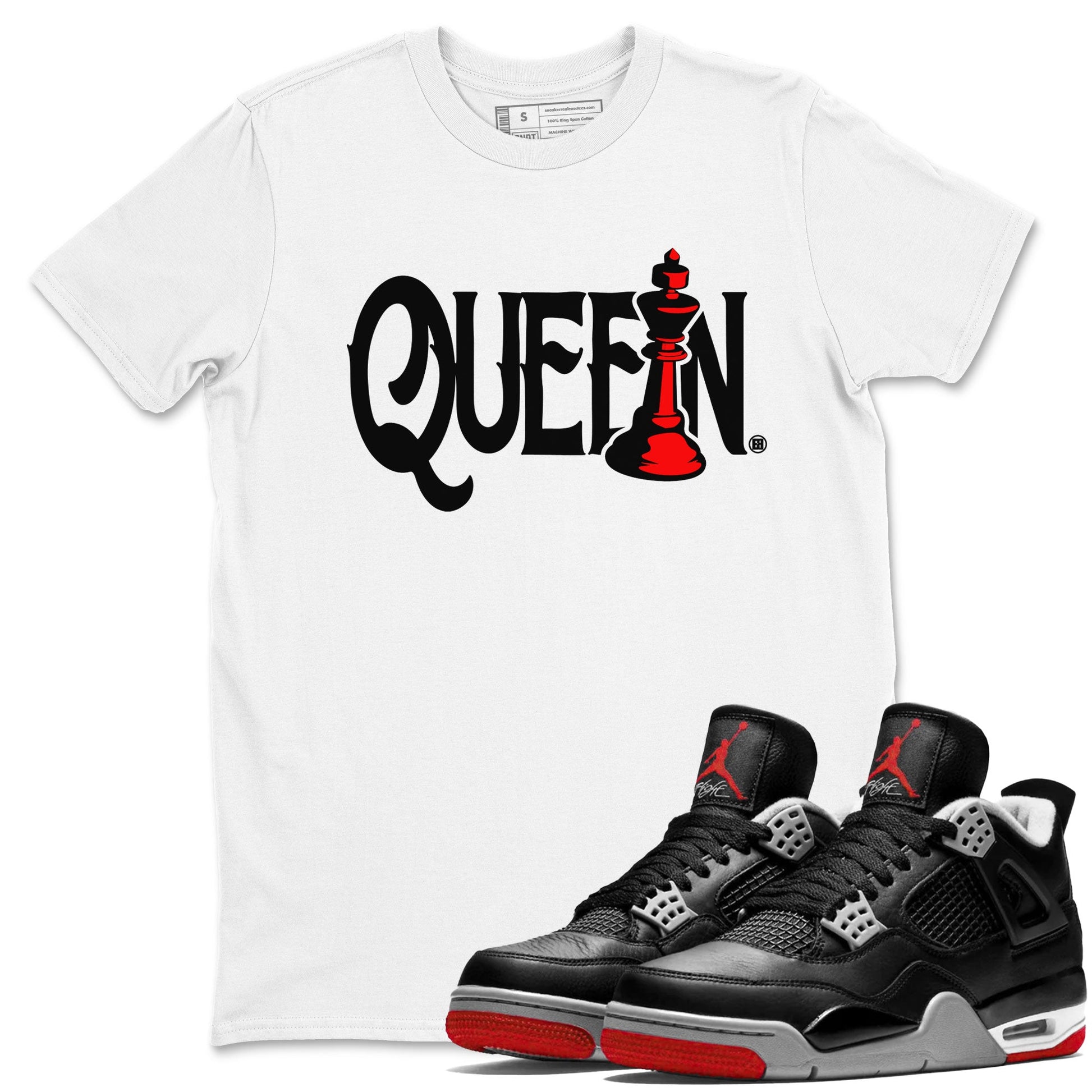 Air Jordan 4 Bred Reimagined shirt to match jordans Chess Queen sneaker shirts AJ4 Bred Reimagined SNRT Sneaker Tees unisex crew neck cotton White 1 crew neck shirt