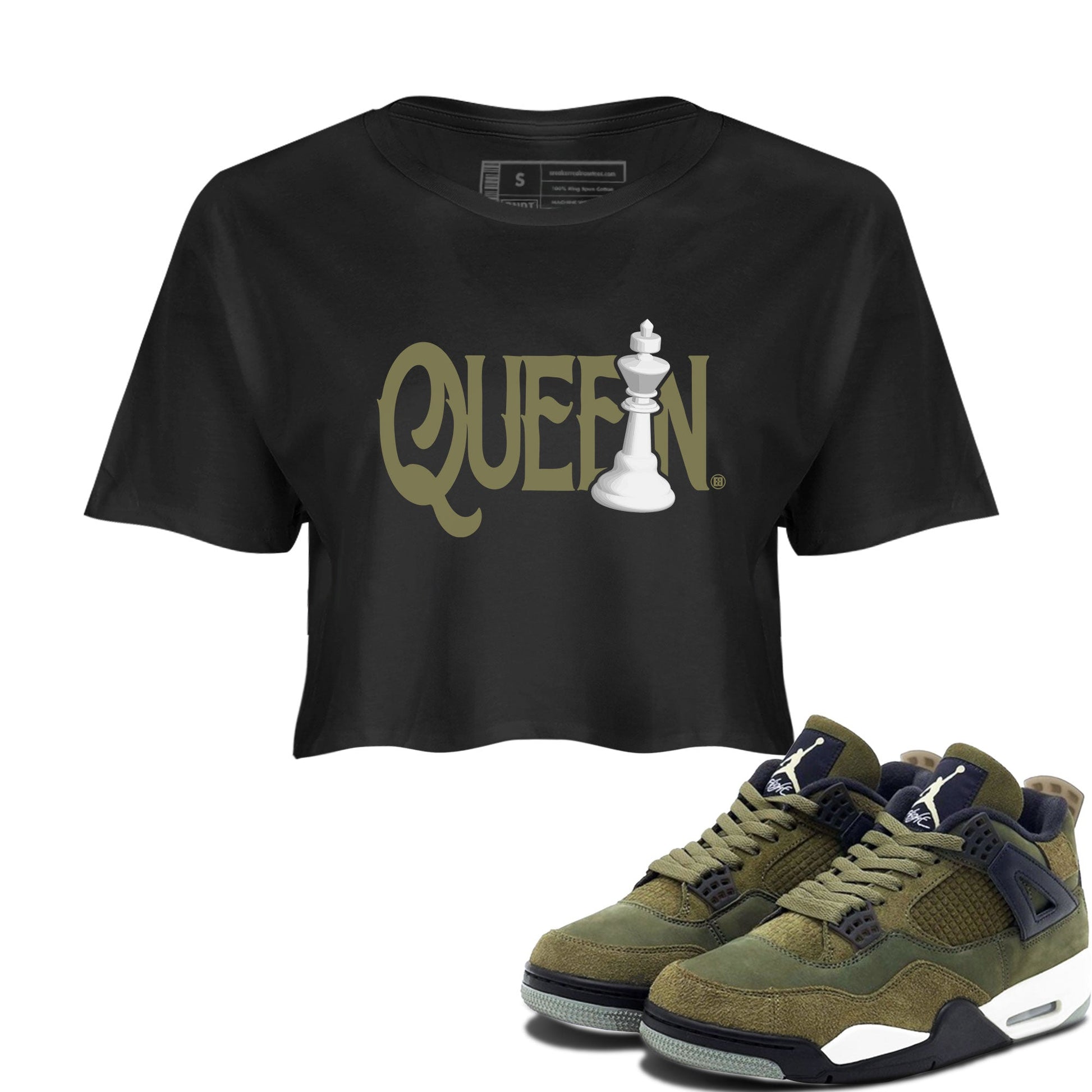 Air Jordan 4 Medium Olive shirt to match jordans Chess Queen sneaker tees 4s Medium Olive SNRT Sneaker Tees Black 1 Crop T-Shirt