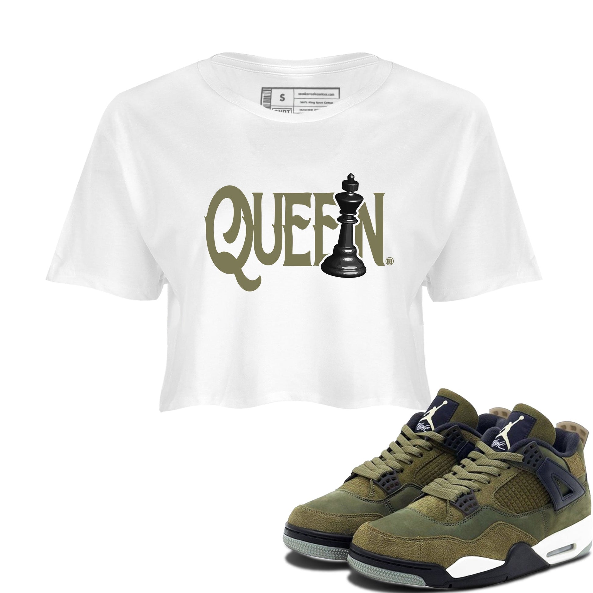 Air Jordan 4 Medium Olive shirt to match jordans Chess Queen sneaker tees 4s Medium Olive SNRT Sneaker Tees White 1 Crop T-Shirt
