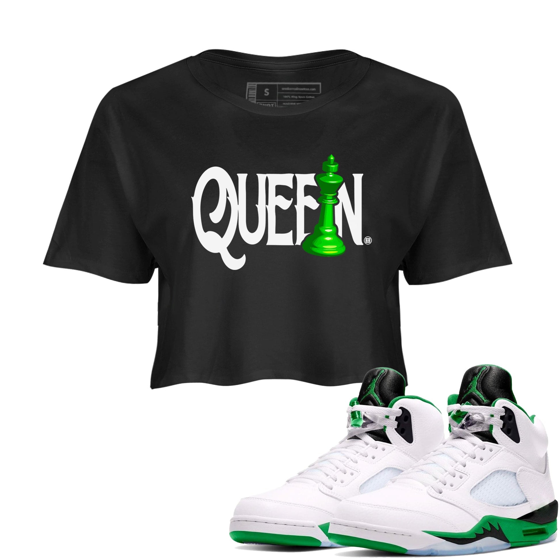 Air Jordan 5 Lucky Green shirt to match jordans Chess Queen sneaker match tee AJ5 Lucky Green SNRT Sneaker Tees Black 1 women's crop tee