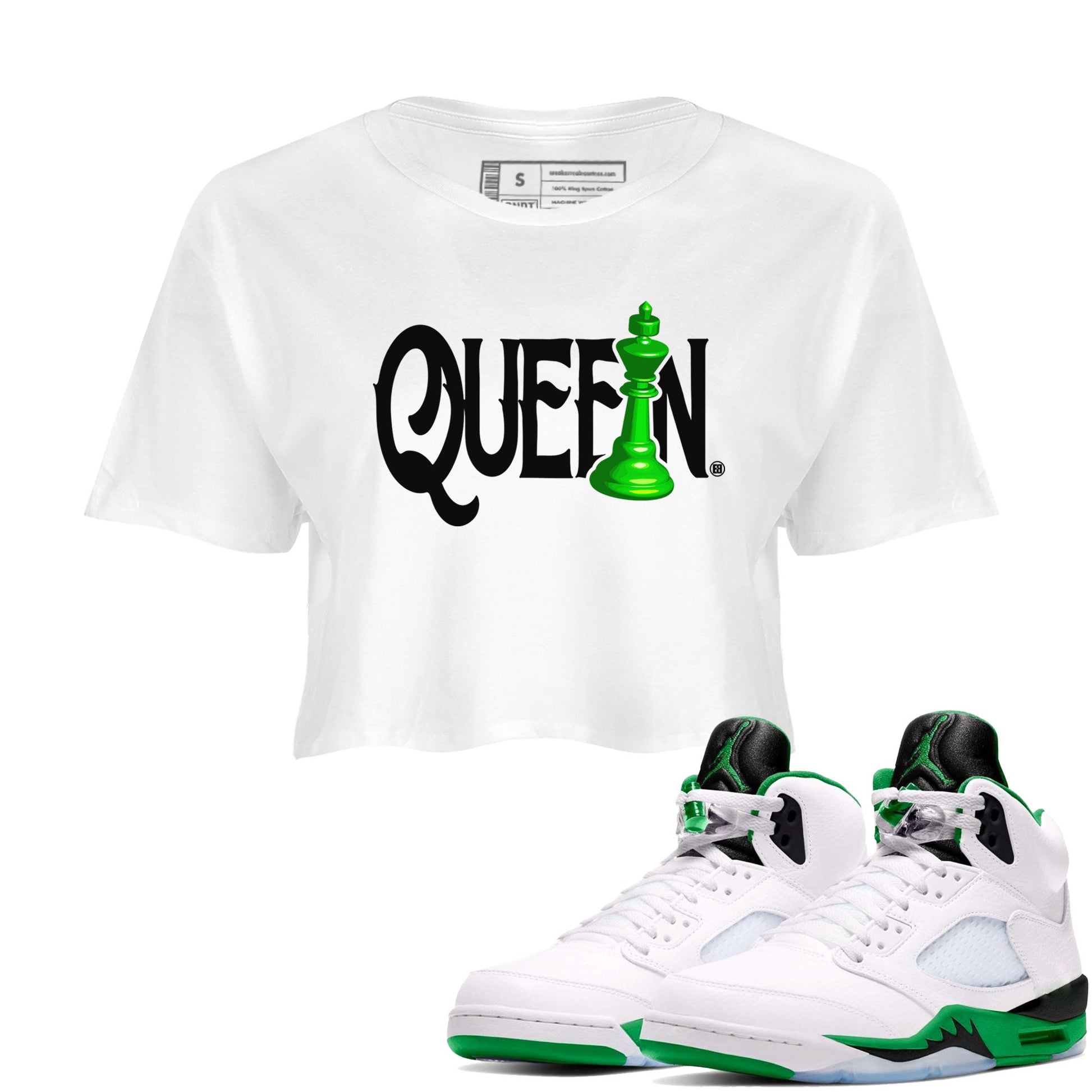Air Jordan 5 Lucky Green shirt to match jordans Chess Queen sneaker match tee AJ5 Lucky Green SNRT Sneaker Tees White 1 women's crop tee