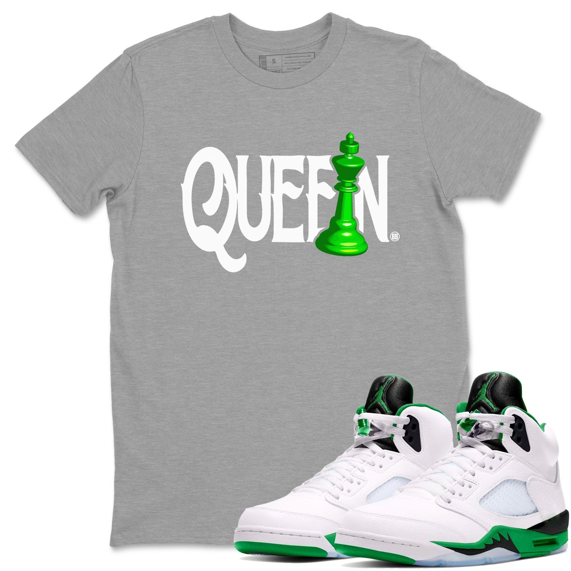 Air Jordan 5 Lucky Green shirt to match jordans Chess Queen sneaker match tee AJ5 Lucky Green SNRT Sneaker Tees unisex cotton Heather Grey 1 crew neck shirt