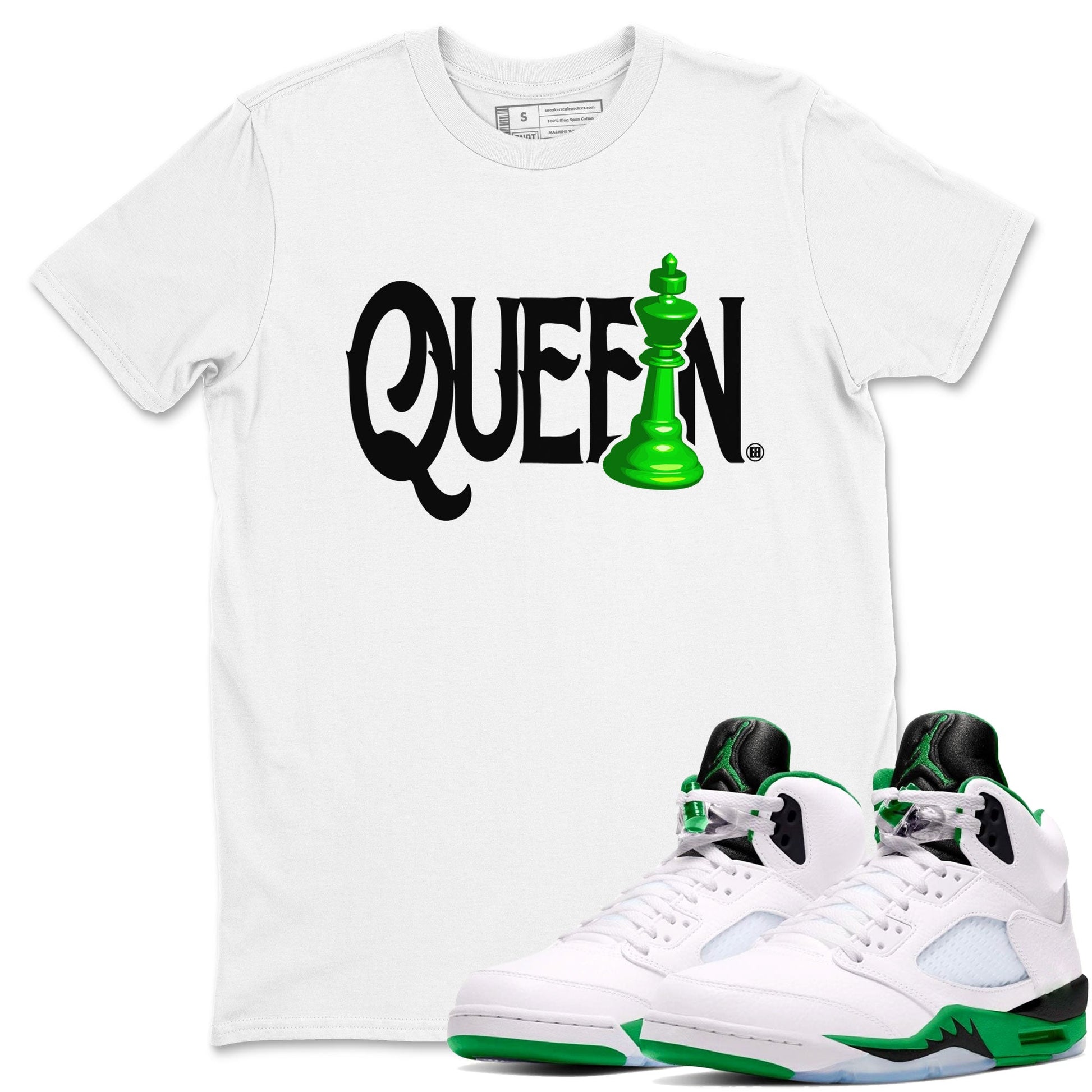 Air Jordan 5 Lucky Green shirt to match jordans Chess Queen sneaker match tee AJ5 Lucky Green SNRT Sneaker Tees unisex cotton White 1 crew neck shirt