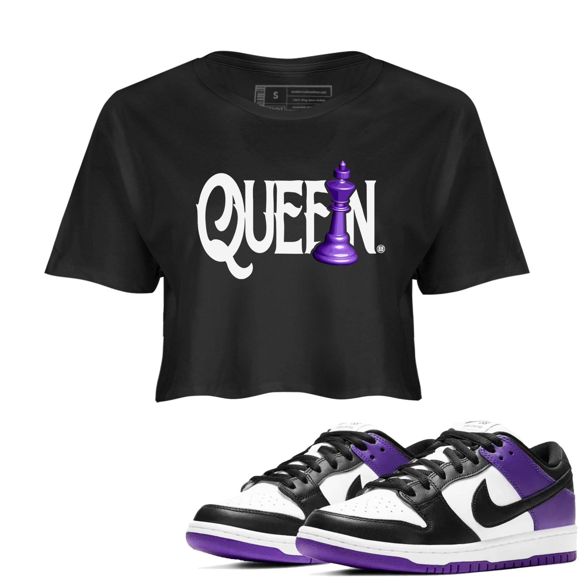 Nike SB Dunk Low Court Purple Shirt To Match Jordans Chess Queen Streetwear Fashion Dunk Low Court Purple SNRT Sneaker Release Tees Black 1 Women's Crop Tee