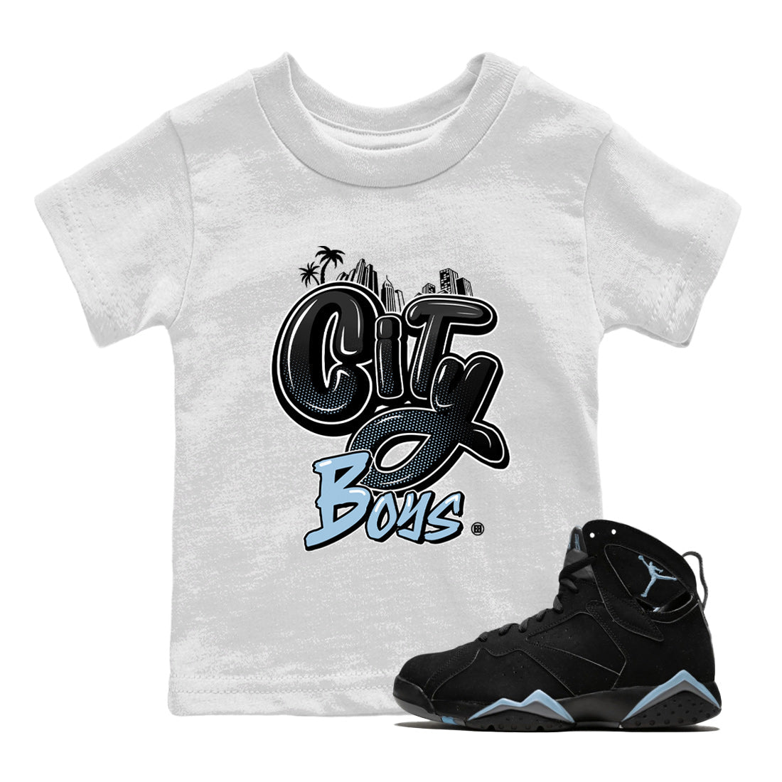 Air Jordan 7 Chambray Sneaker Match Tees City Boys Sneaker Tees AJ7 Chambray SNRT Sneaker Release Tees Kids Shirts White 1