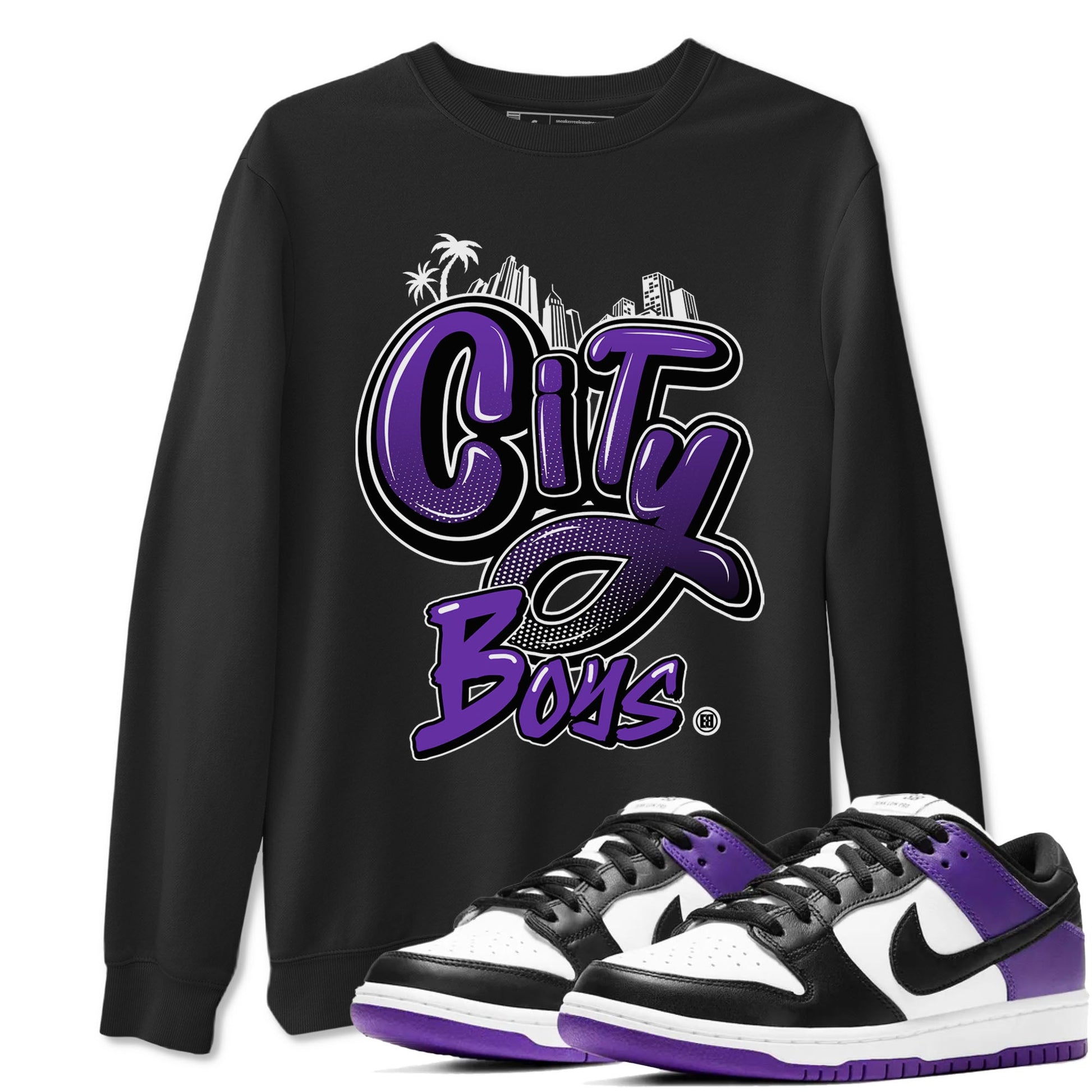 City Boys sneaker match tees to Court Purple Dunks street fashion brand for shirts to match Jordans SNRT Sneaker Tees Dunk Low Court Purple unisex t-shirt Black 1 unisex shirt