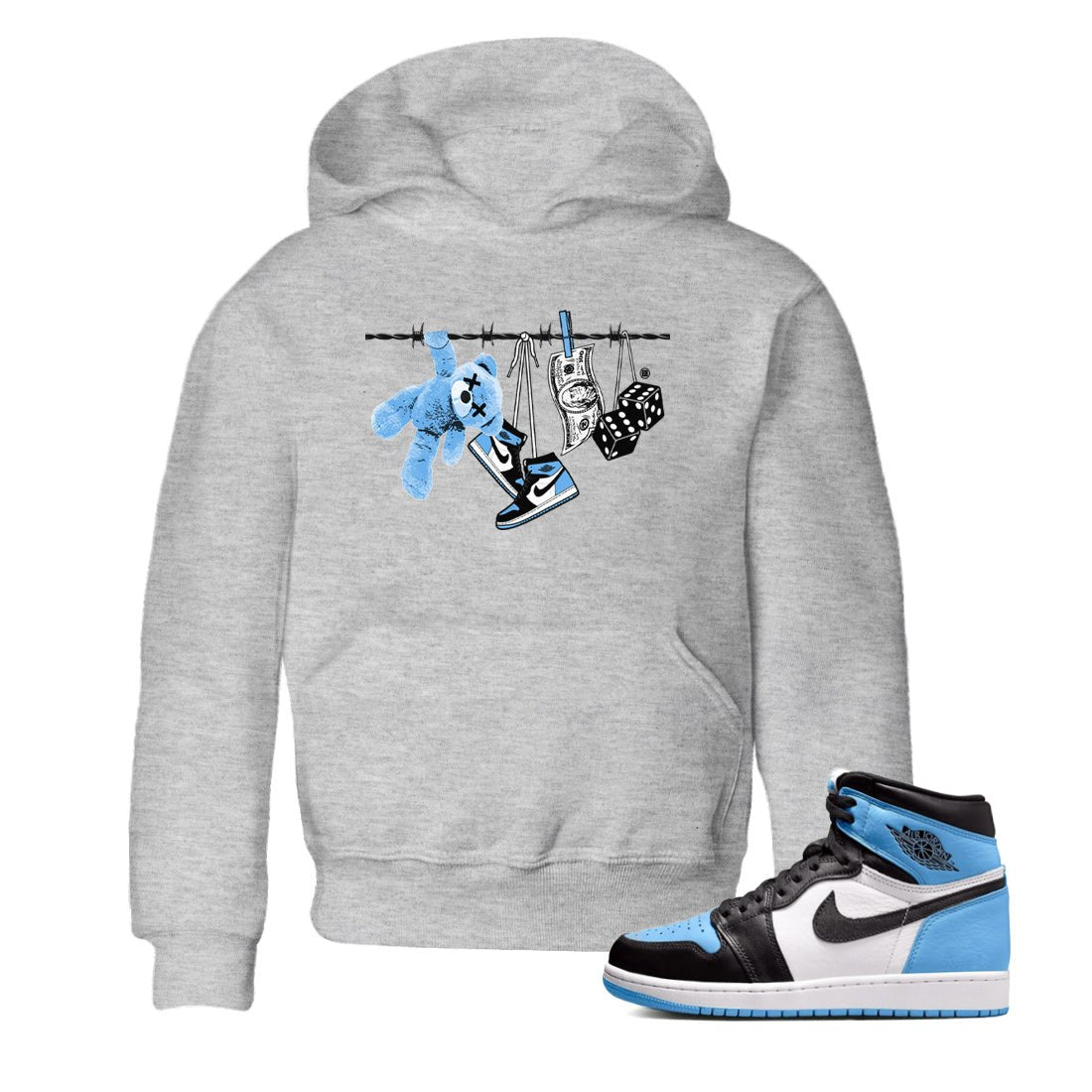 Air Jordan 1 Retro High OG UNC Toe Shirt to match Jordans Clothesline Sneaker Tees UNC Toe 1s Tees Kids and Baby Tees Heather Grey 1