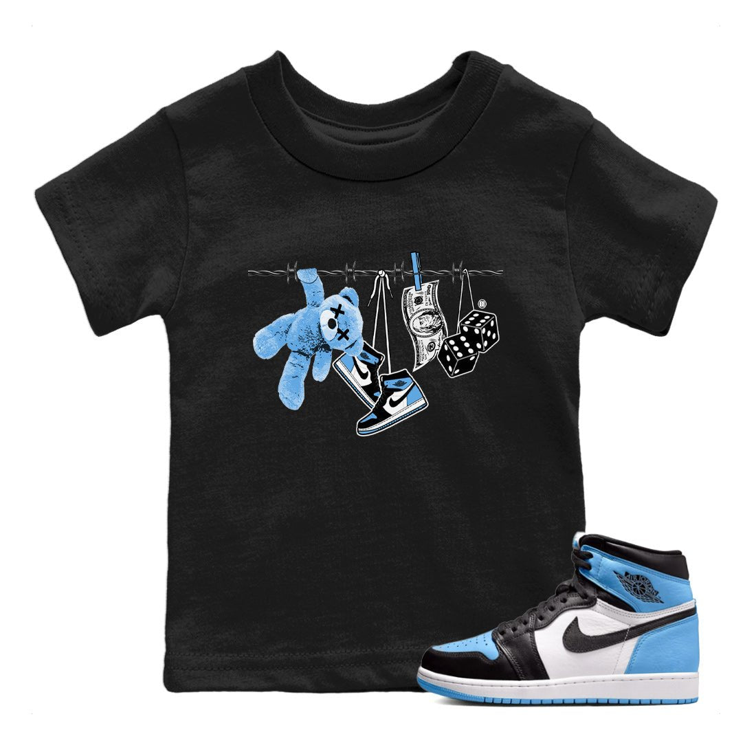 Air Jordan 1 Retro High OG UNC Toe Shirt to match Jordans Clothesline Sneaker Tees UNC Toe 1s Tees Kids and Baby Tees Black 1