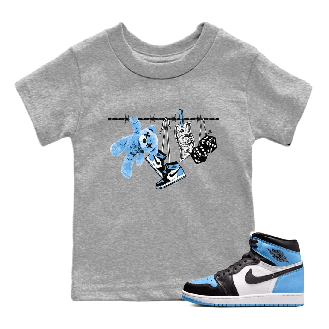 Air Jordan 1 Retro High OG UNC Toe Shirt to match Jordans Clothesline Sneaker Tees UNC Toe 1s Tees Kids and Baby Tees Heather Grey 1