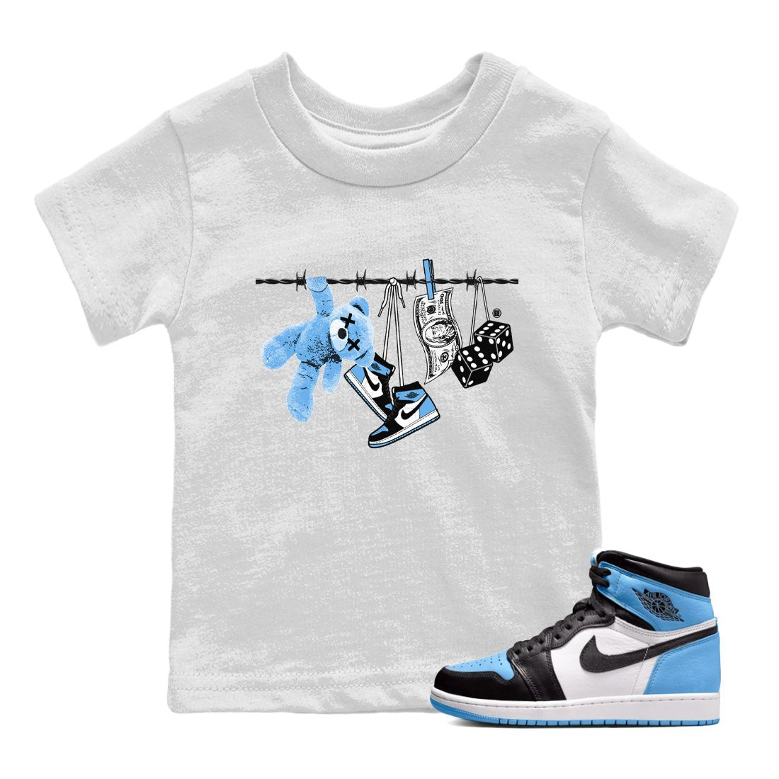 Air Jordan 1 Retro High OG UNC Toe Shirt to match Jordans Clothesline Sneaker Tees UNC Toe 1s Tees Kids and Baby Tees White 1