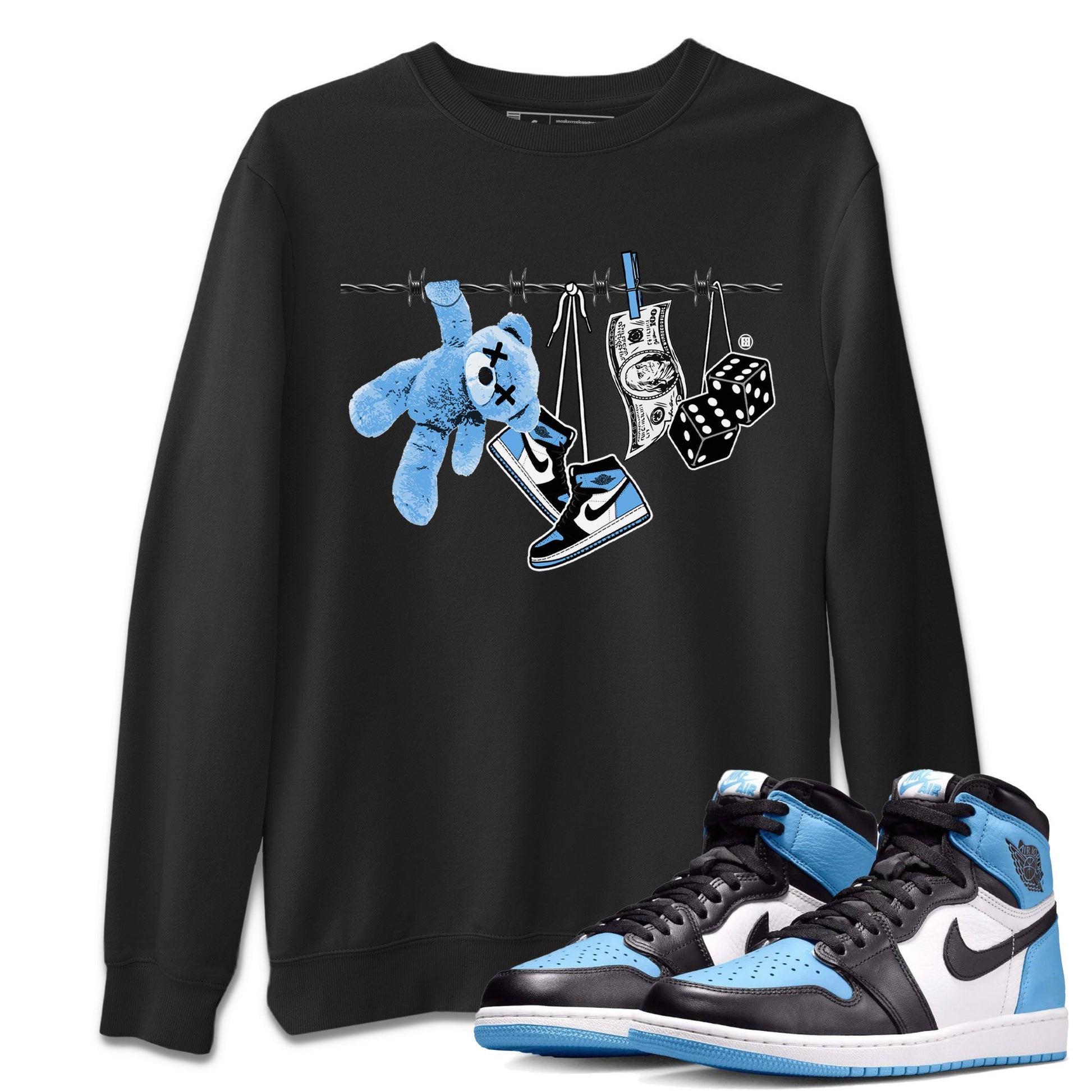 Air Jordan 1 Retro High OG UNC Toe Shirt to match Jordans Clothesline Sneaker Tees UNC Toe 1s Tees Crew Neck T-Shirts Black 1