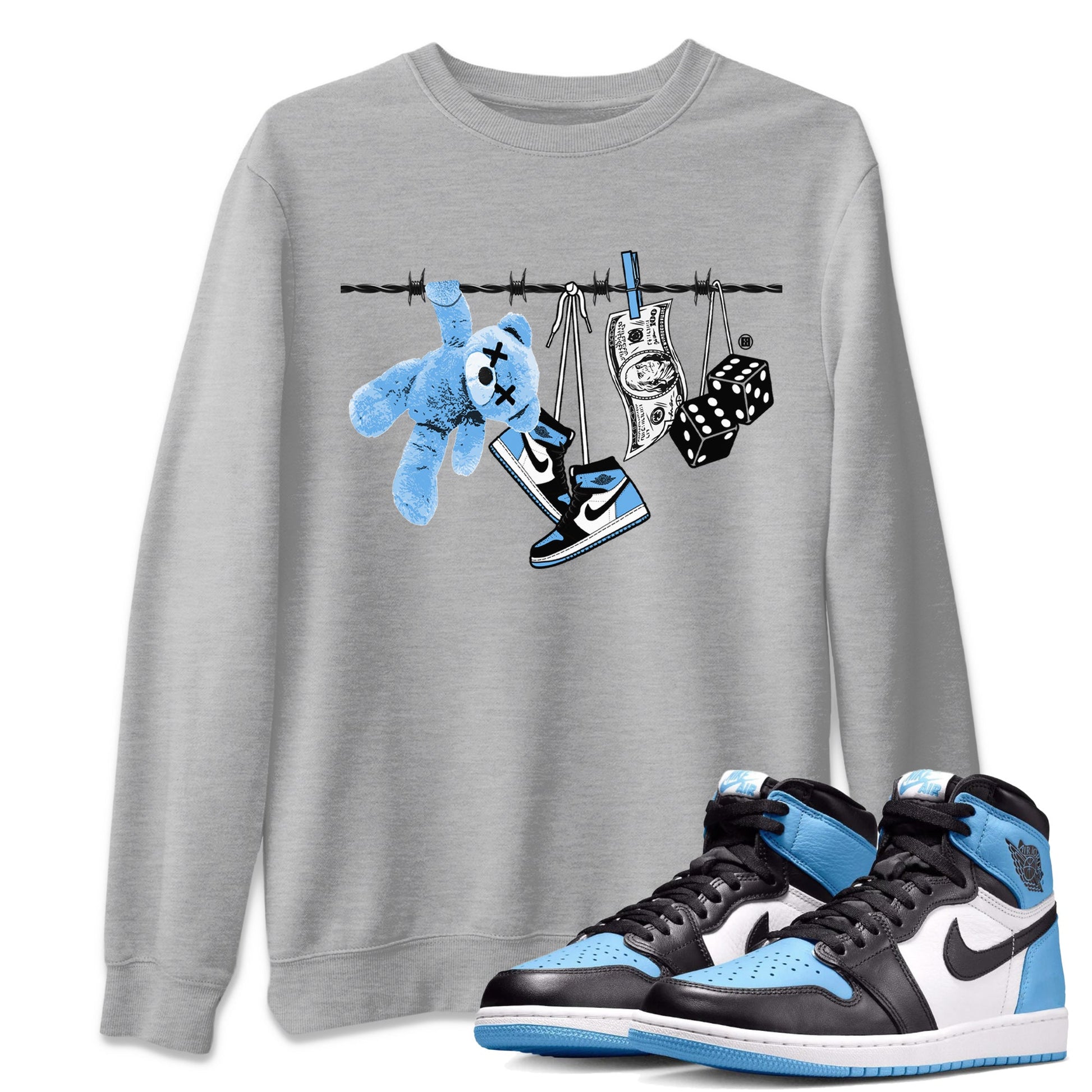 Air Jordan 1 Retro High OG UNC Toe Shirt to match Jordans Clothesline Sneaker Tees UNC Toe 1s Tees Crew Neck T-Shirts Heather Grey 1