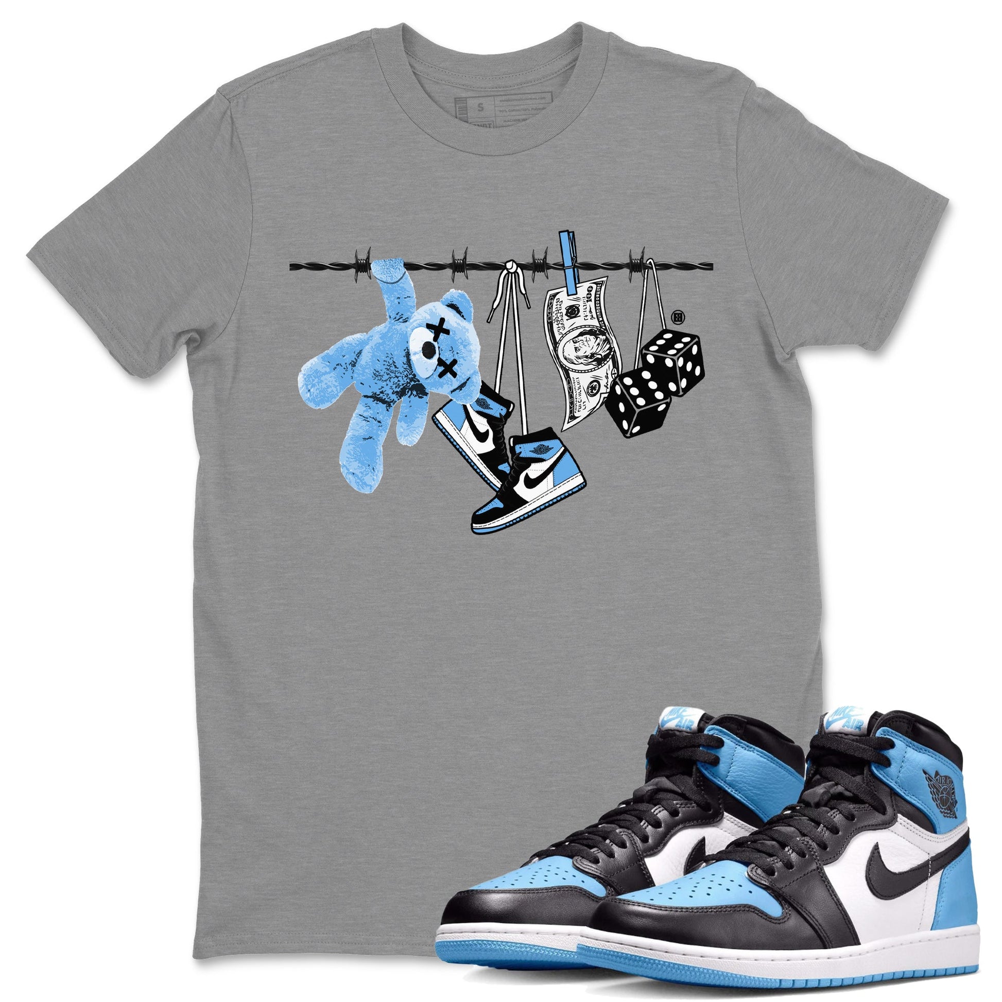 Air Jordan 1 Retro High OG UNC Toe Shirt to match Jordans Clothesline Sneaker Tees UNC Toe 1s Tees Crew Neck T-Shirts Heather Grey 1