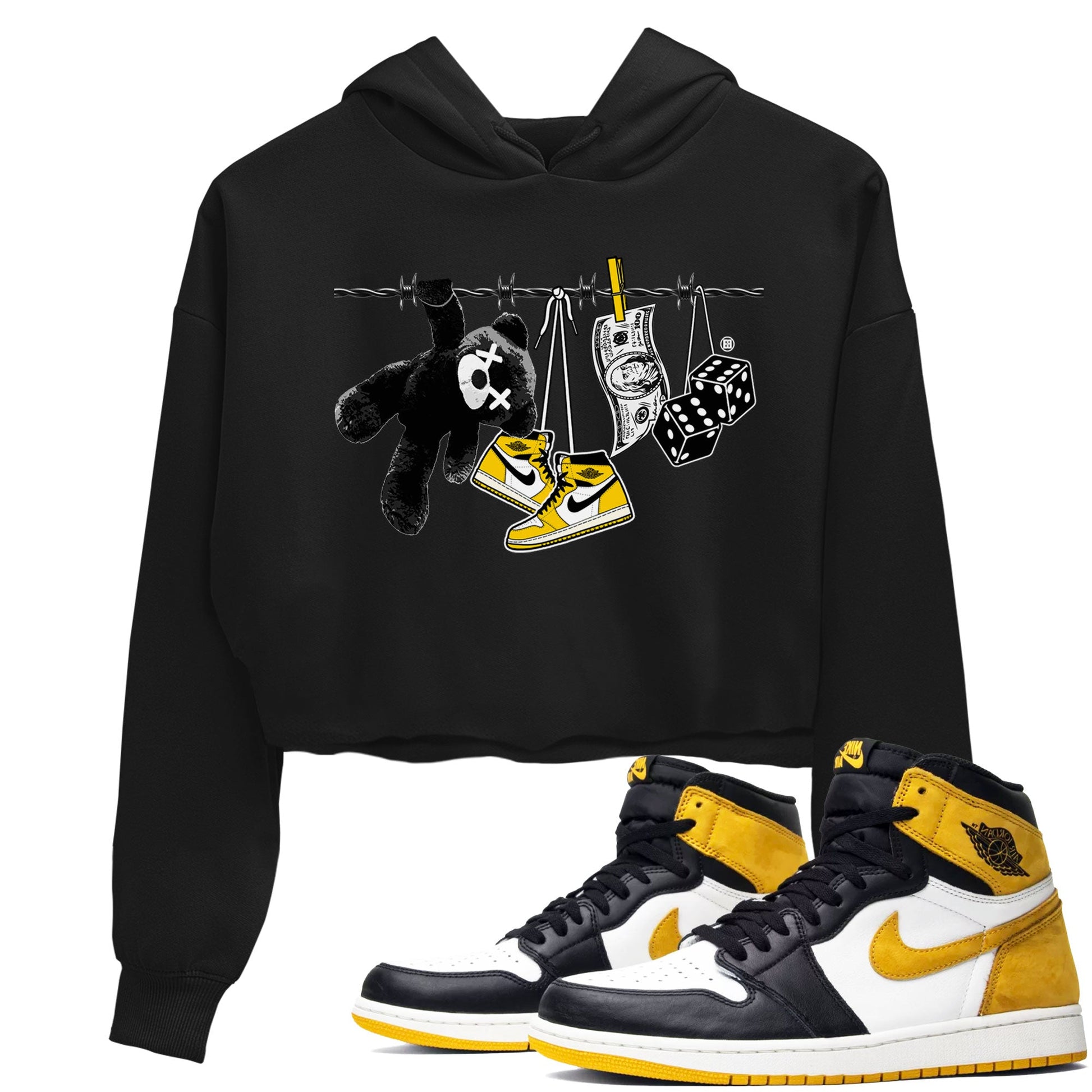 AJ1 Yellow Ochre shirt to match jordans Clothesline sneaker tees Air Jordan 1 Yellow Ochre SNRT Sneaker Release Tees Black 1 crop length shirt