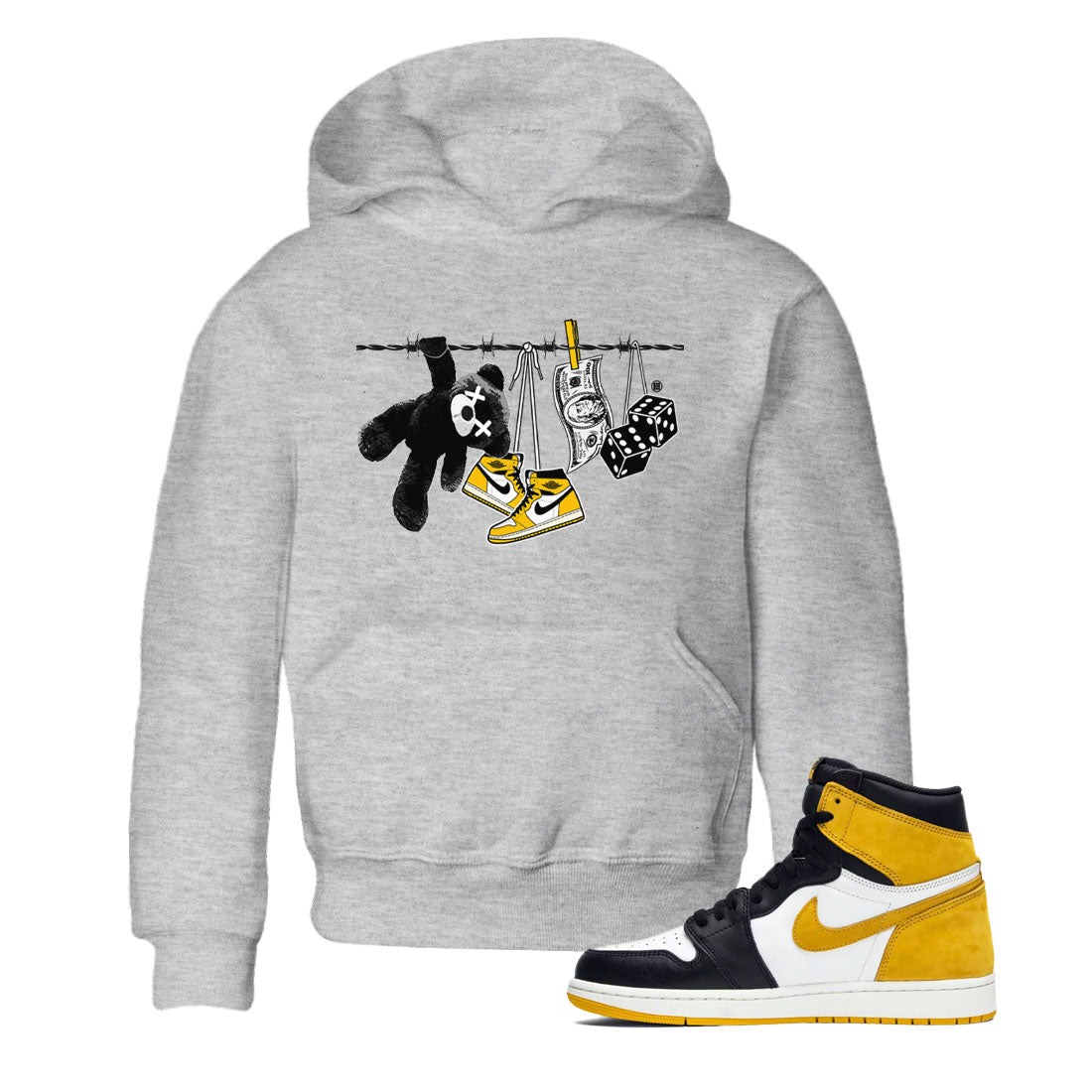 AJ1 Yellow Ochre shirt to match jordans Clothesline sneaker tees Air Jordan 1 Yellow Ochre SNRT sneaker release tees baby toddler Heather Grey 1 cotton Shirt