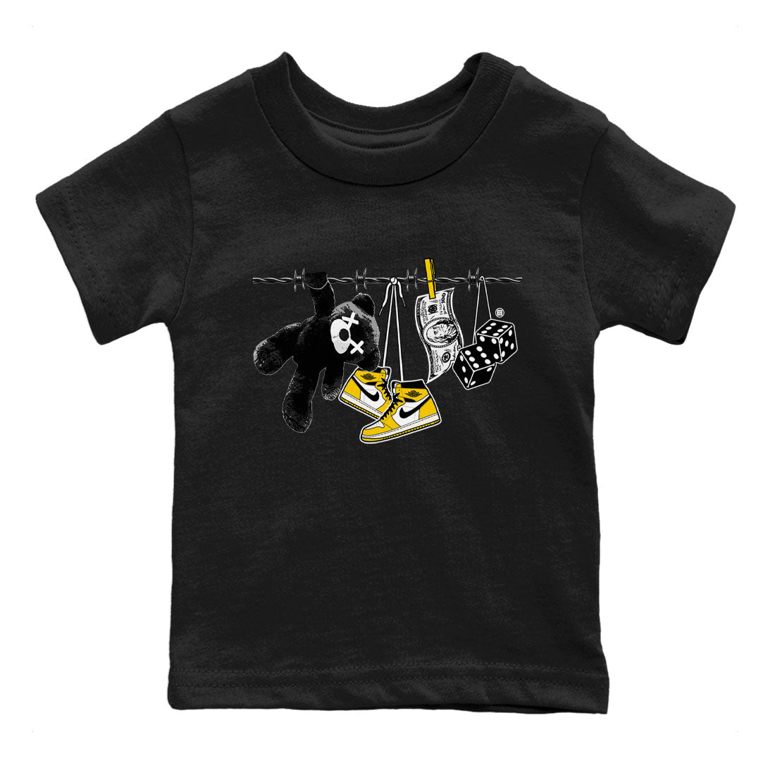 AJ1 Yellow Ochre shirt to match jordans Clothesline sneaker tees Air Jordan 1 Yellow Ochre SNRT sneaker release tees baby toddler Black 2 cotton Shirt