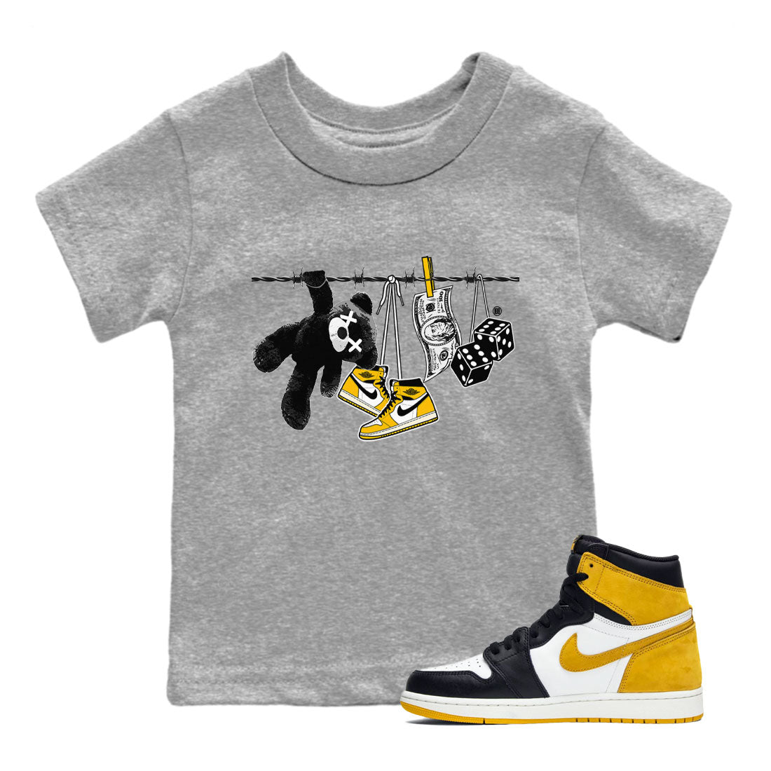AJ1 Yellow Ochre shirt to match jordans Clothesline sneaker tees Air Jordan 1 Yellow Ochre SNRT sneaker release tees baby toddler Heather Grey 1 cotton Shirt