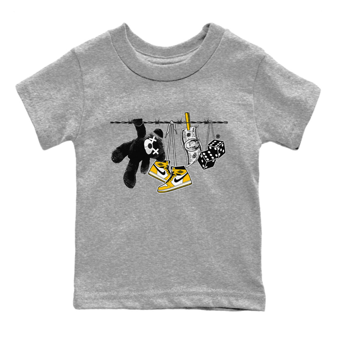 AJ1 Yellow Ochre shirt to match jordans Clothesline sneaker tees Air Jordan 1 Yellow Ochre SNRT sneaker release tees baby toddler Heather Grey 2 cotton Shirt
