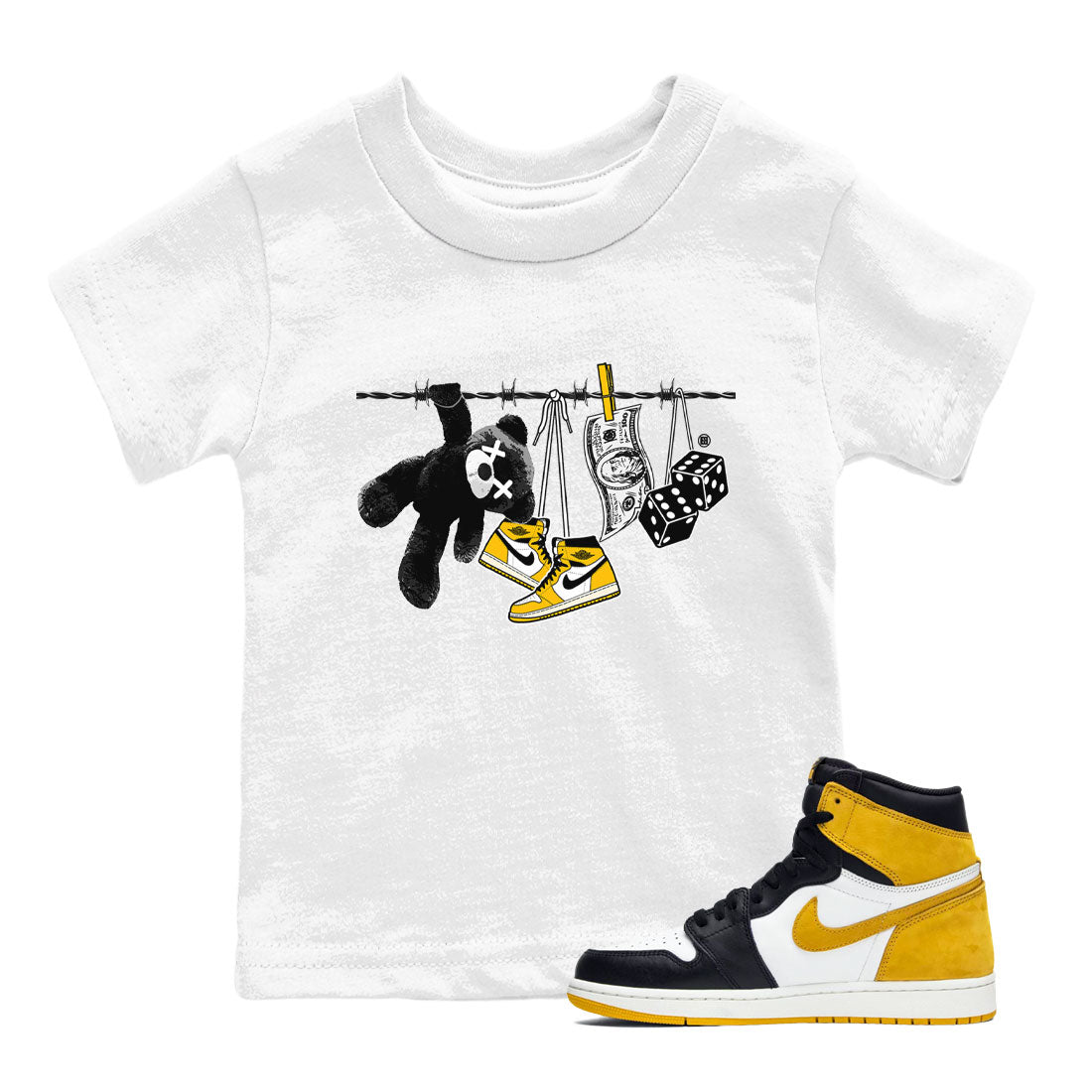 AJ1 Yellow Ochre shirt to match jordans Clothesline sneaker tees Air Jordan 1 Yellow Ochre SNRT sneaker release tees baby toddler White 1 cotton Shirt