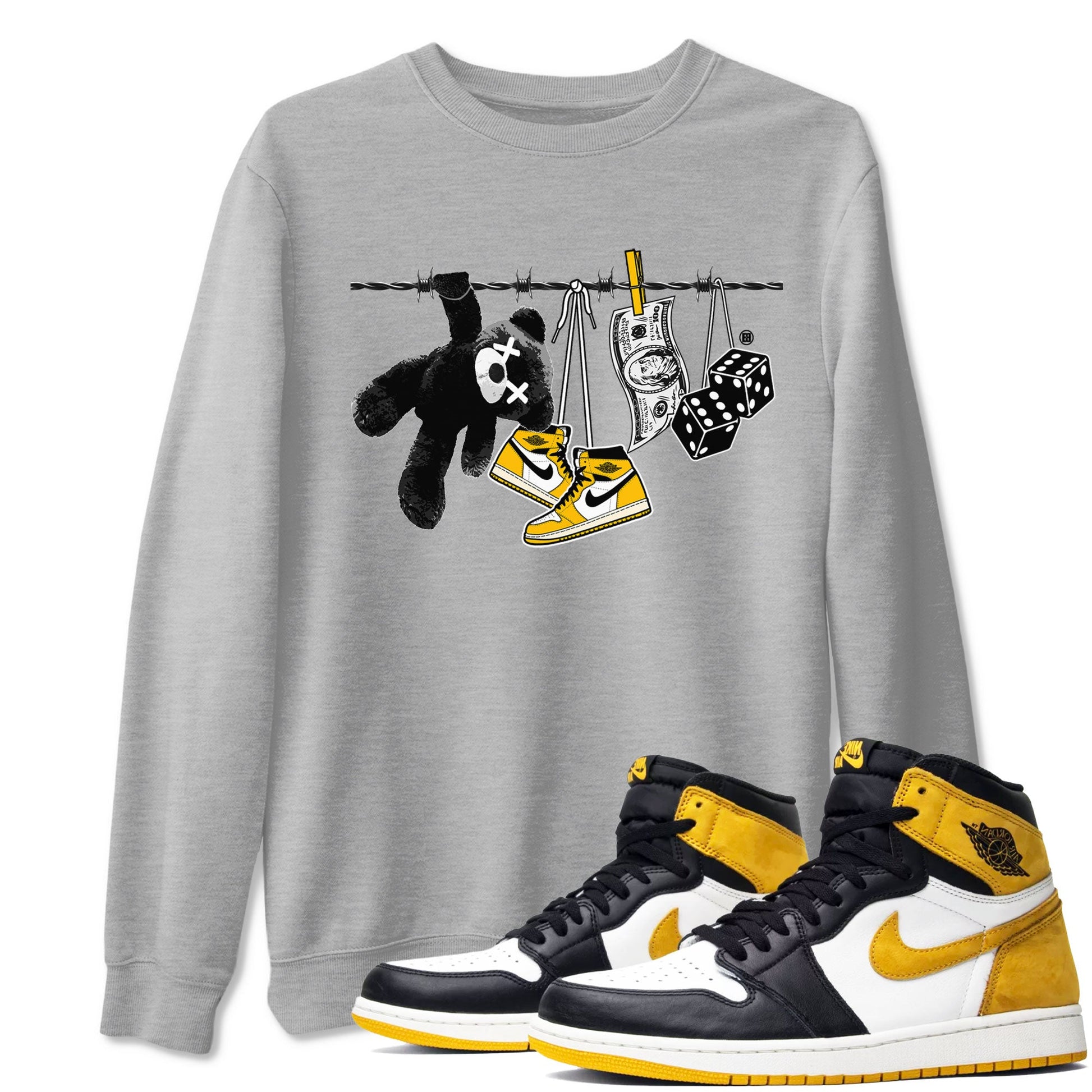 AJ1 Yellow Ochre shirt to match jordans Clothesline sneaker tees Air Jordan 1 Yellow Ochre SNRT Sneaker Release Tees unisex cotton Heather Grey 1 crew neck shirt