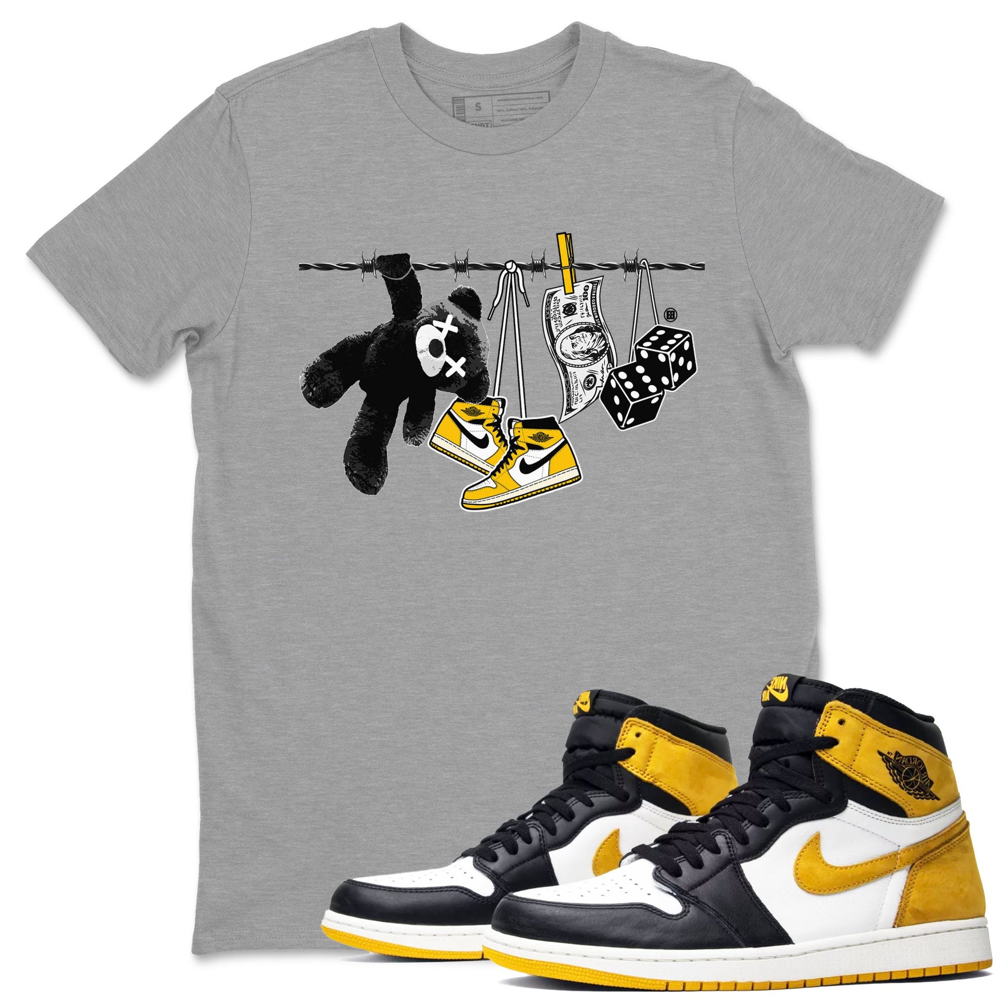AJ1 Yellow Ochre shirt to match jordans Clothesline sneaker tees Air Jordan 1 Yellow Ochre SNRT Sneaker Release Tees unisex cotton Heather Grey 1 crew neck shirt