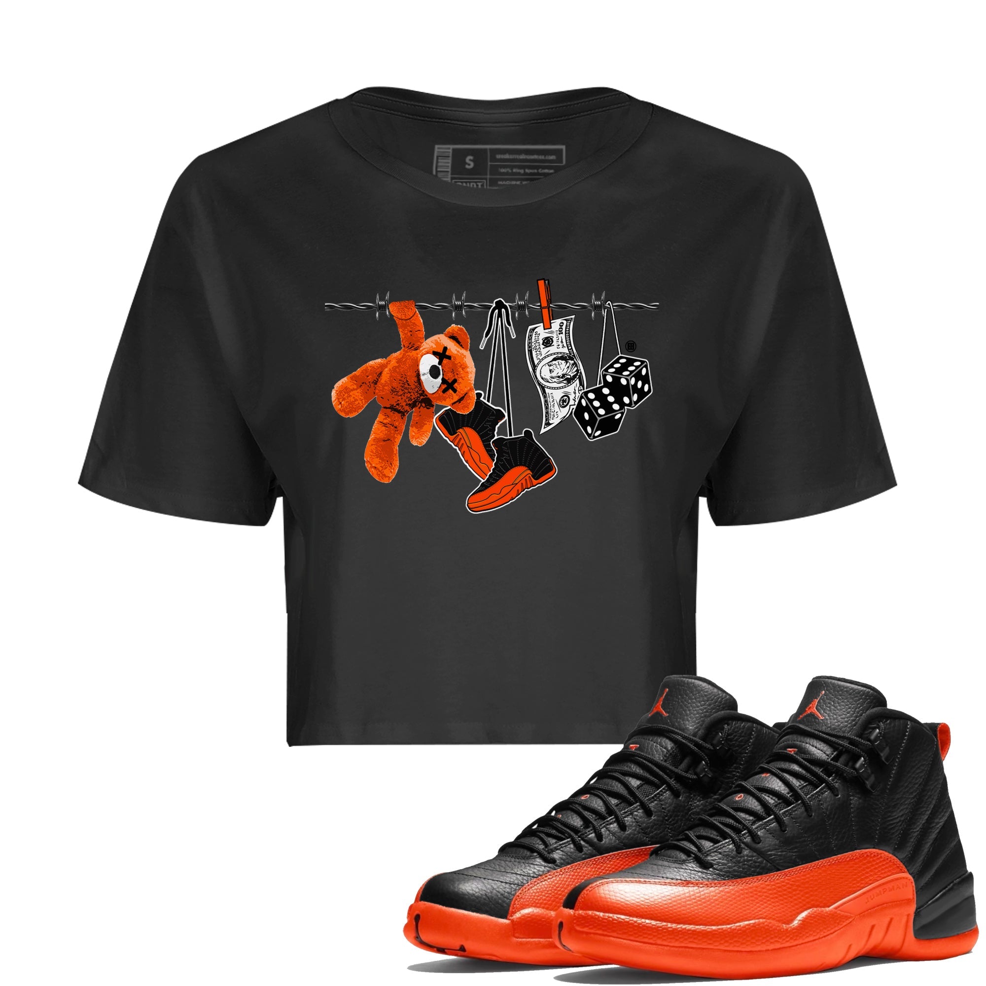 Air Jordan 12 Brilliant Orange Sneaker Match Tees Clothesline Sneaker Tees 12s Brilliant Orange Tee Women's Shirts Black 1