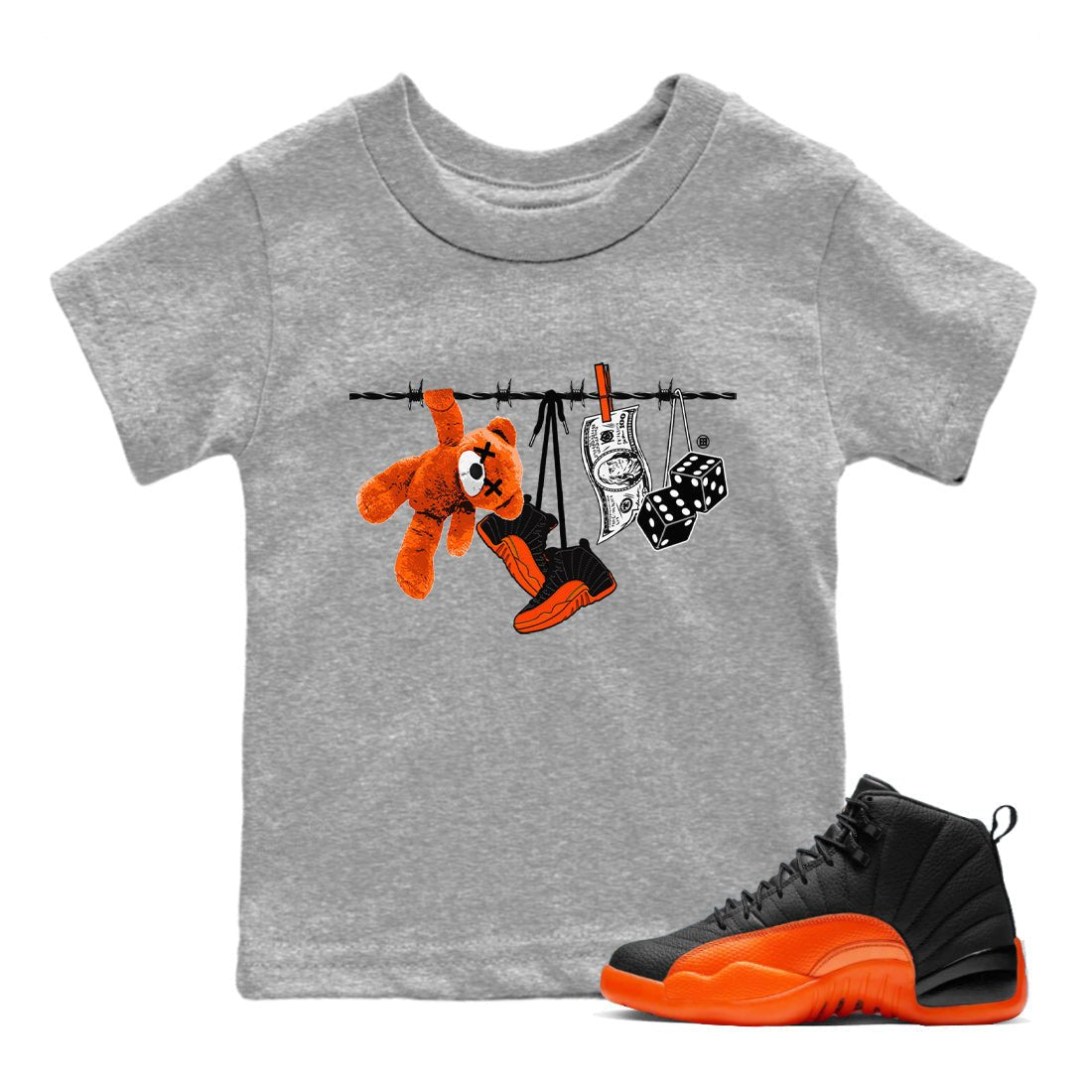 Air Jordan 12 Brilliant Orange Sneaker Match Tees Clothesline Sneaker Tees 12s Brilliant Orange Tee Kids Shirts Heather Grey 1
