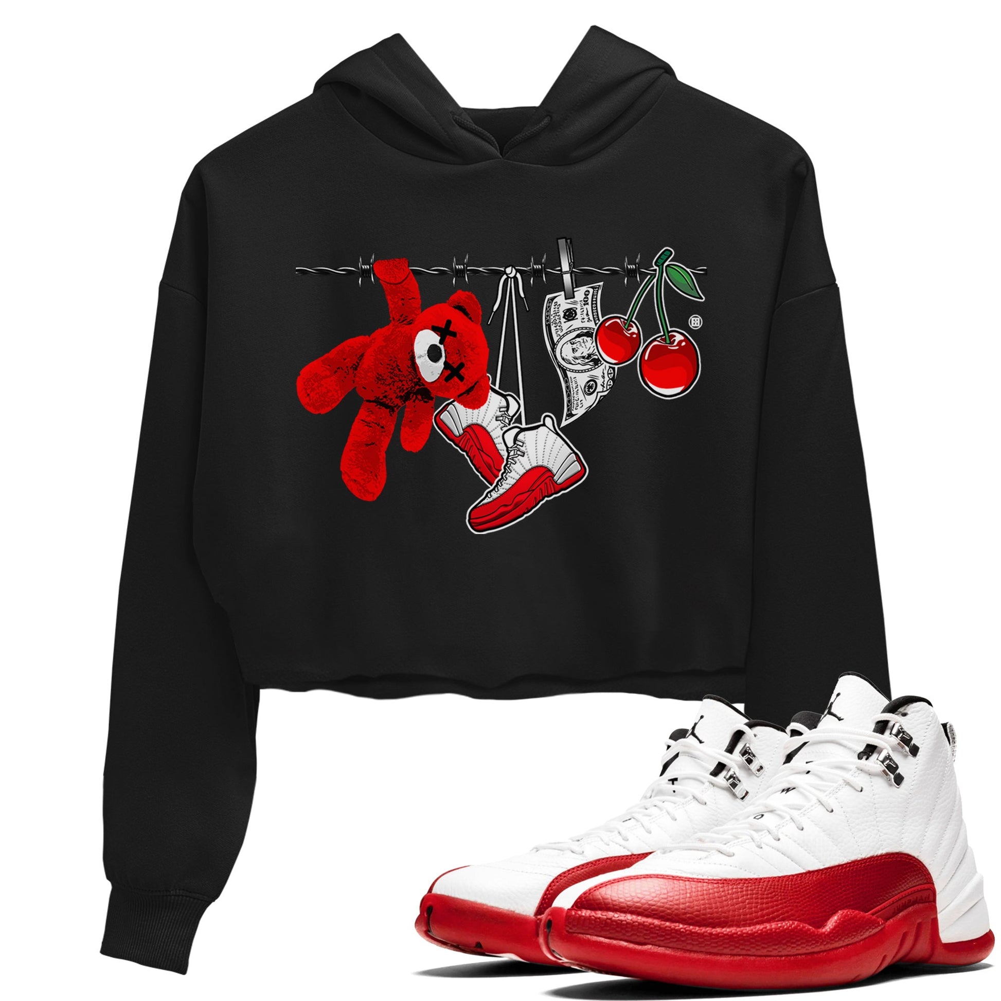12s Cherry Sneaker Match Tees Clothesline Sneaker Tees Air Jordan 12 Cherry Sneaker Release Tees Women's Shirts Black 1