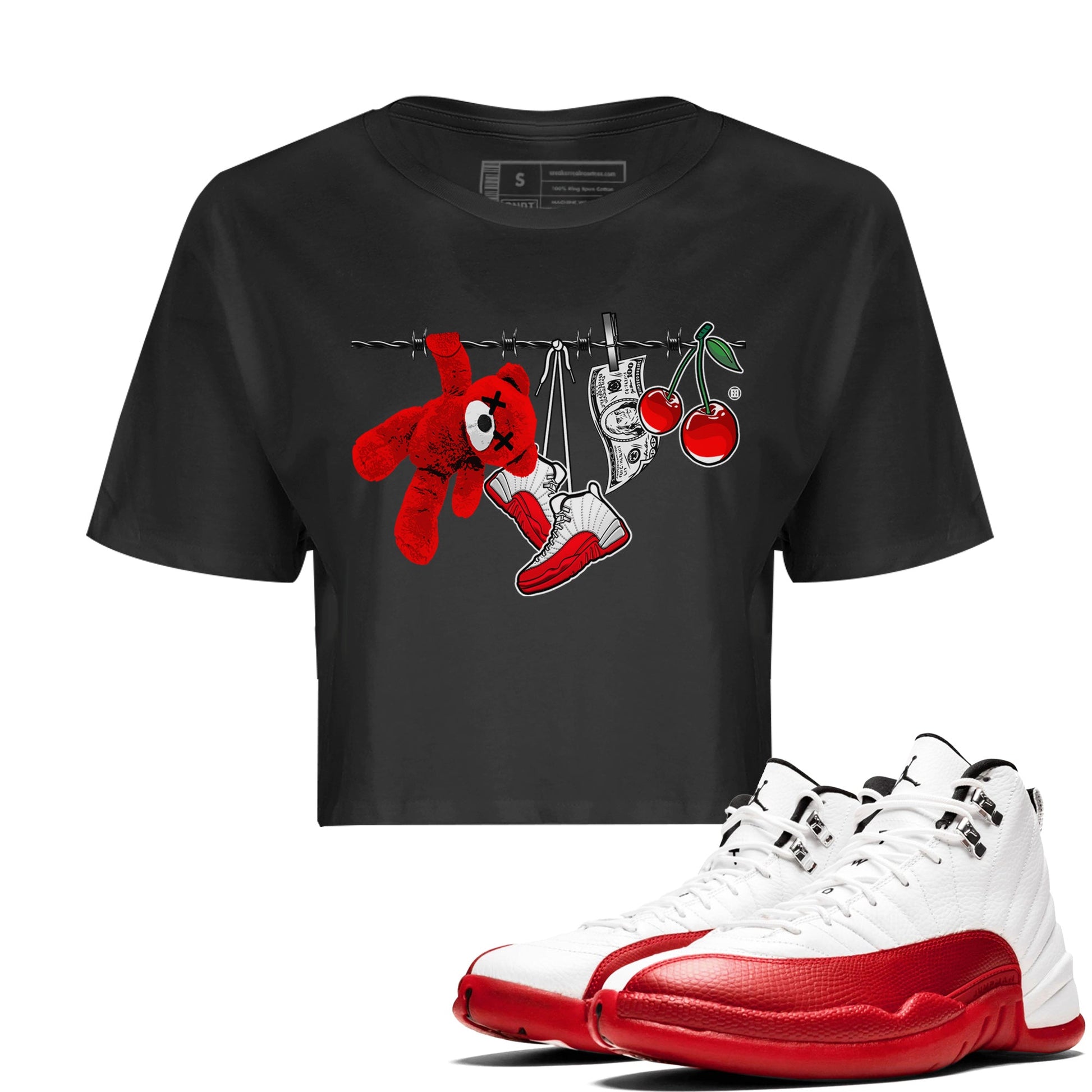 12s Cherry Sneaker Match Tees Clothesline Sneaker Tees Air Jordan 12 Cherry Sneaker Release Tees Women's Shirts Black 1