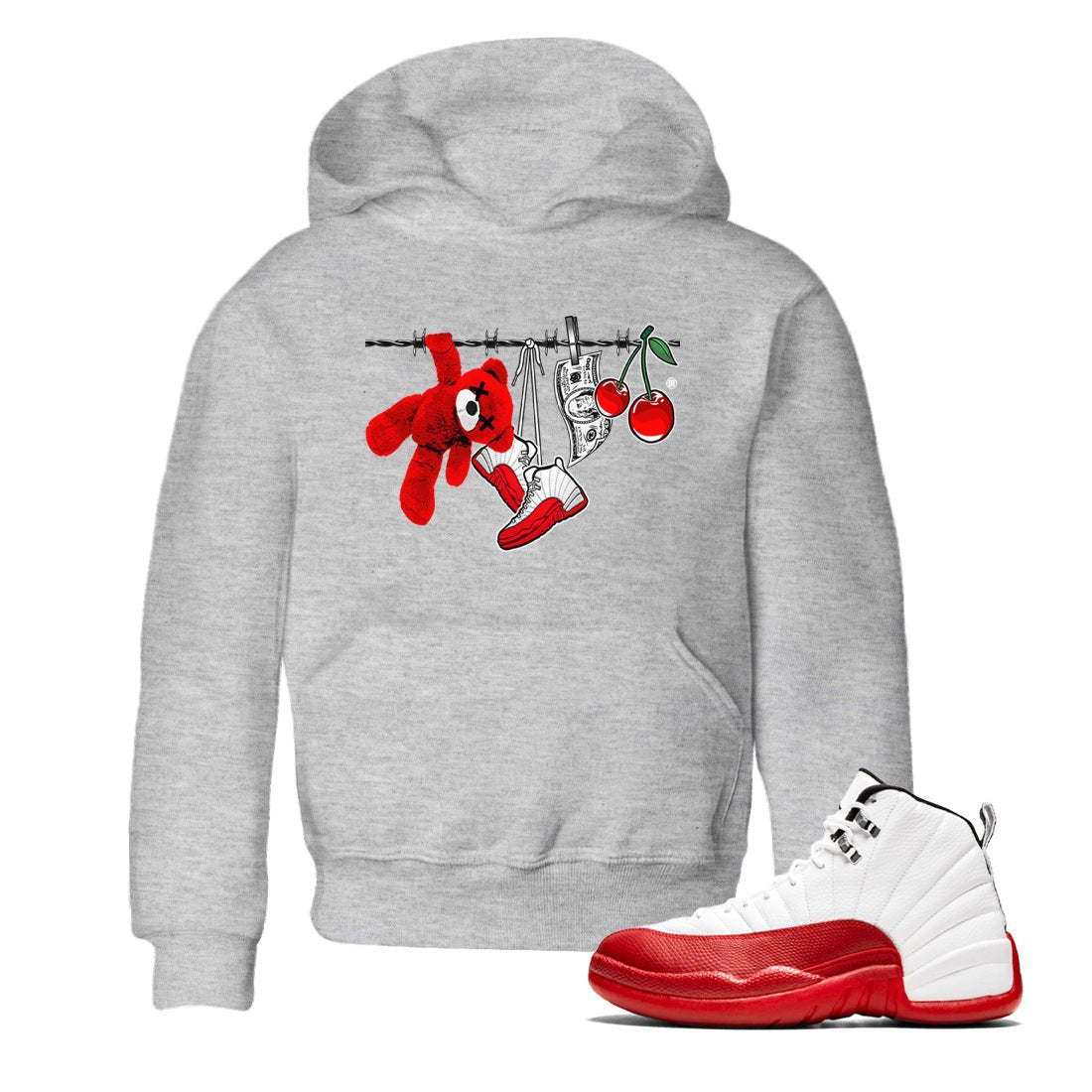 12s Cherry Sneaker Match Tees Clothesline Sneaker Tees Air Jordan 12 Cherry Sneaker Release Tees Kids Shirts Heather Grey 1