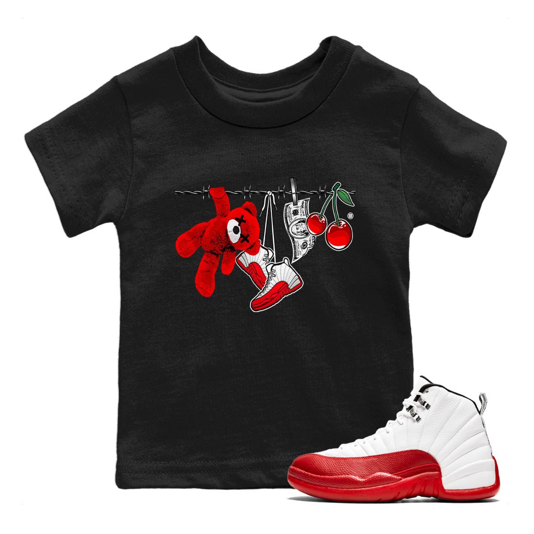 12s Cherry Sneaker Match Tees Clothesline Sneaker Tees Air Jordan 12 Cherry Sneaker Release Tees Kids Shirts Black 1