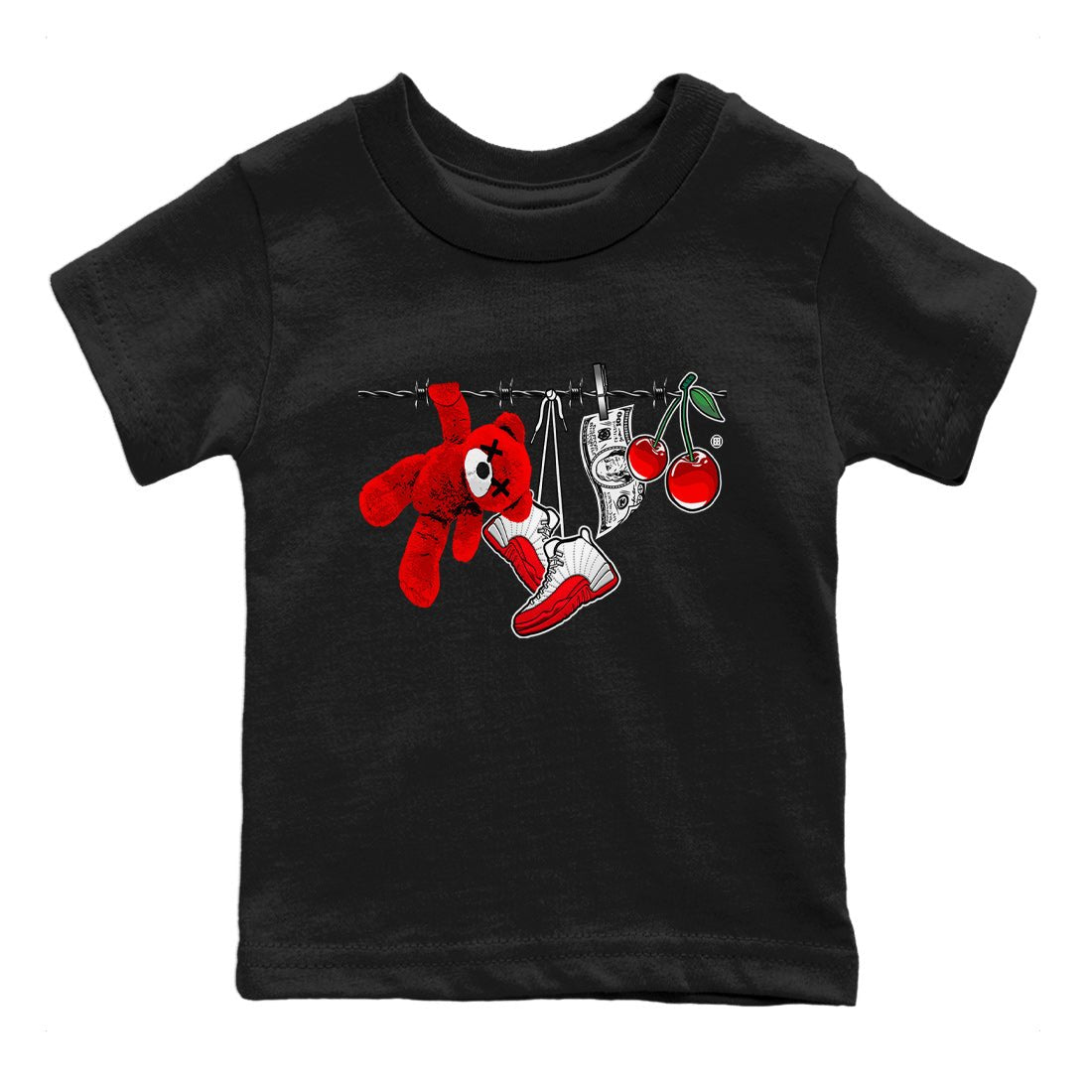 12s Cherry Sneaker Match Tees Clothesline Sneaker Tees Air Jordan 12 Cherry Sneaker Release Tees Kids Shirts Black 2
