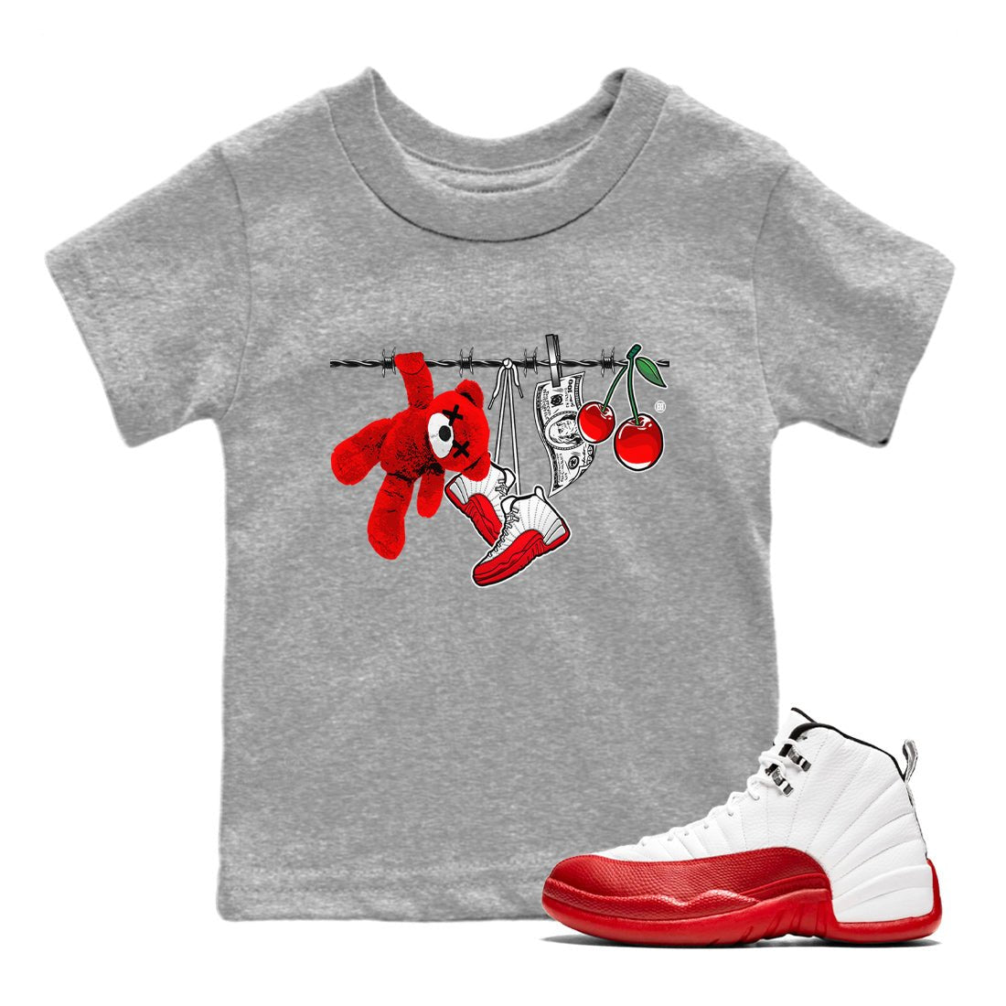 12s Cherry Sneaker Match Tees Clothesline Sneaker Tees Air Jordan 12 Cherry Sneaker Release Tees Kids Shirts Heather Grey 1