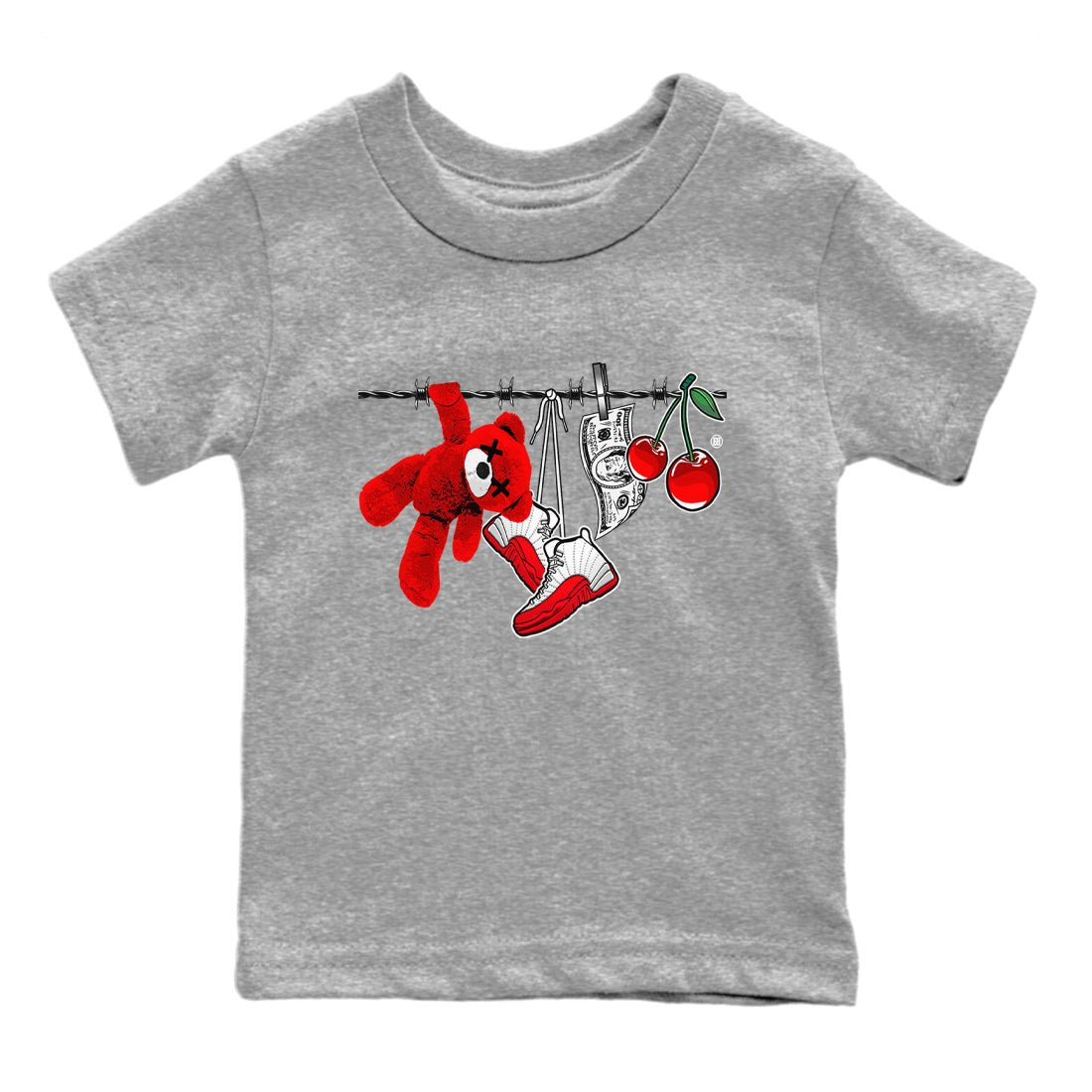 12s Cherry Sneaker Match Tees Clothesline Sneaker Tees Air Jordan 12 Cherry Sneaker Release Tees Kids Shirts Heather Grey 2