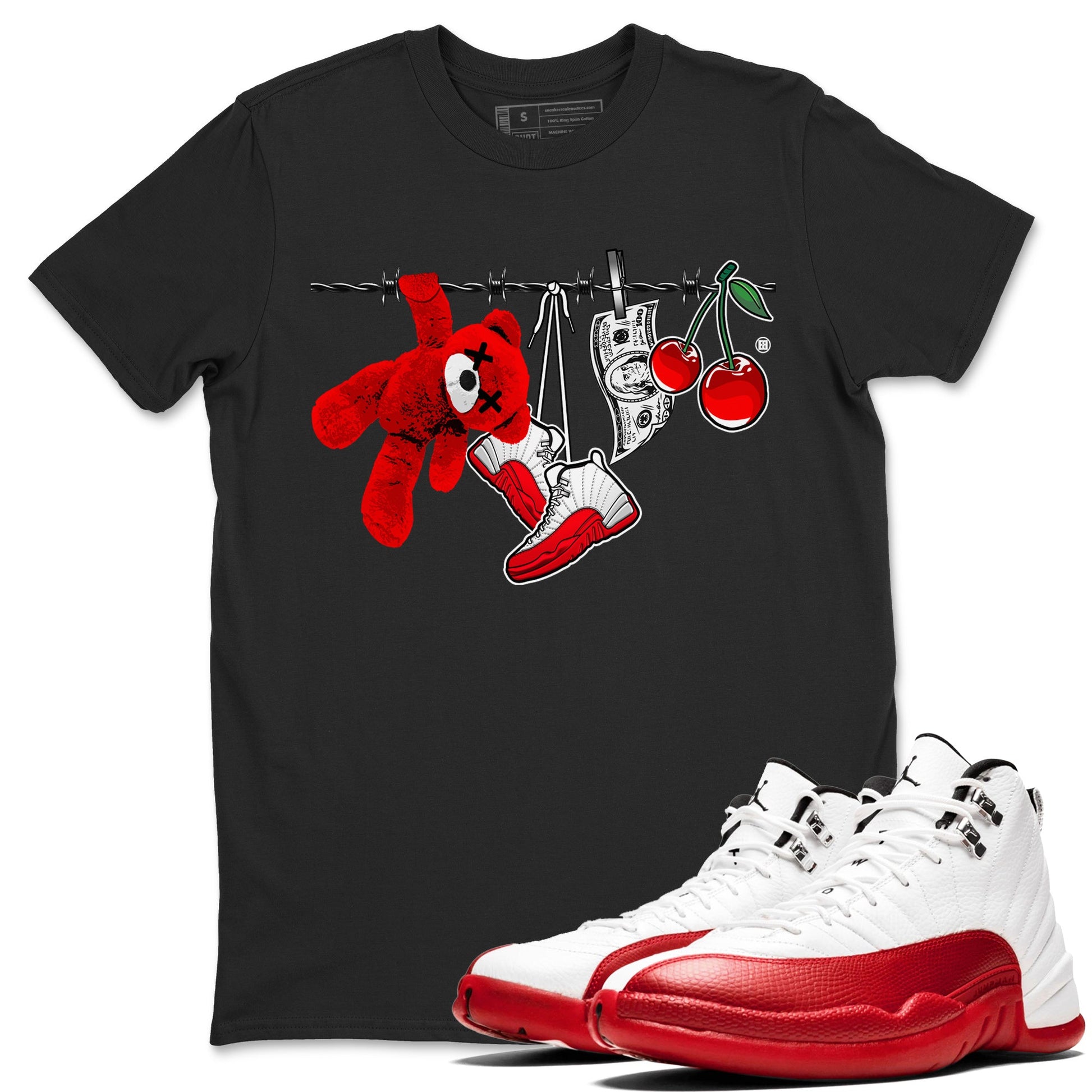 12s Cherry Sneaker Match Tees Clothesline Sneaker Tees Air Jordan 12 Cherry Sneaker Release Tees Unisex Shirts Black 1
