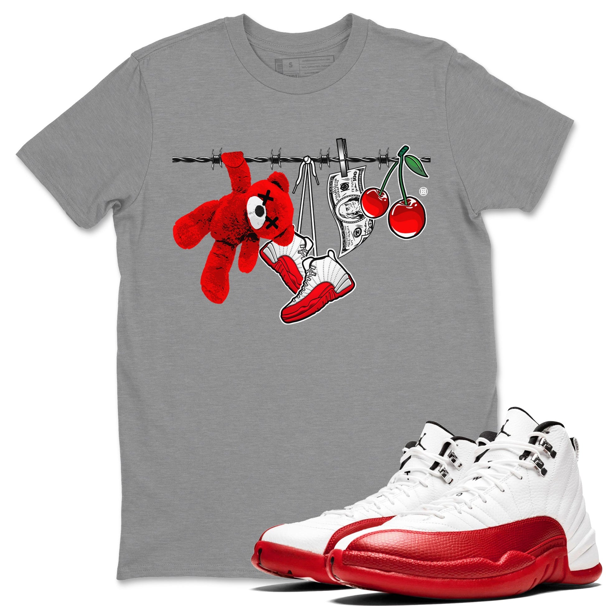 12s Cherry Sneaker Match Tees Clothesline Sneaker Tees Air Jordan 12 Cherry Sneaker Release Tees Unisex Shirts Heather Grey 1