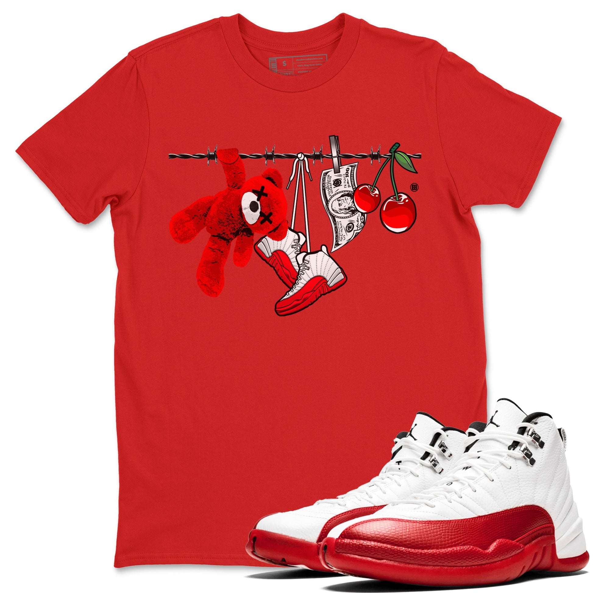 12s Cherry Sneaker Match Tees Clothesline Sneaker Tees Air Jordan 12 Cherry Sneaker Release Tees Unisex Shirts Red 1